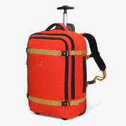 Orange rolling suitcase with black accents on a white background