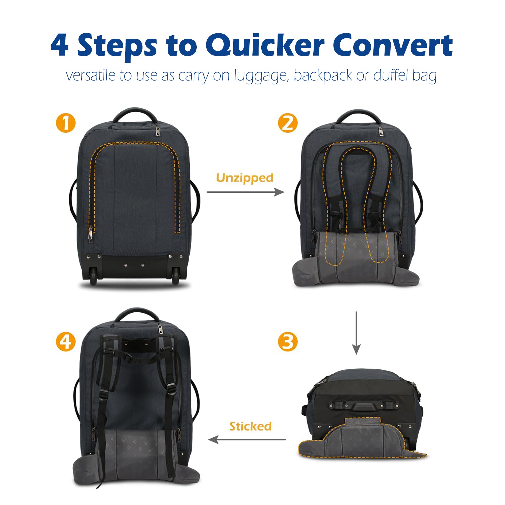 Hynes Eagle 63L Rolling Backpack x 3-Piece Packing Cube Set – 3-in-1 Travel Luggage with USB Port