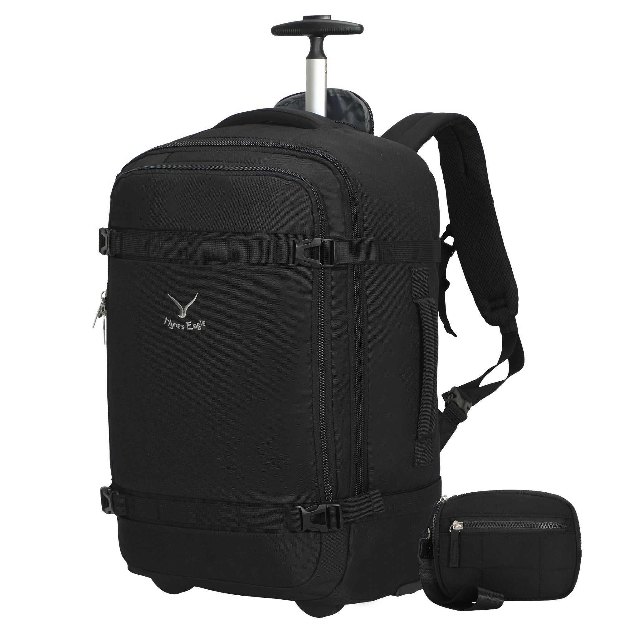 Hynes Eagle 42L Rolling Backpack – 2-Wheel Carry-On Luggage – Convertible Backpack Travel Bag + Puffer Wristlet Wallet