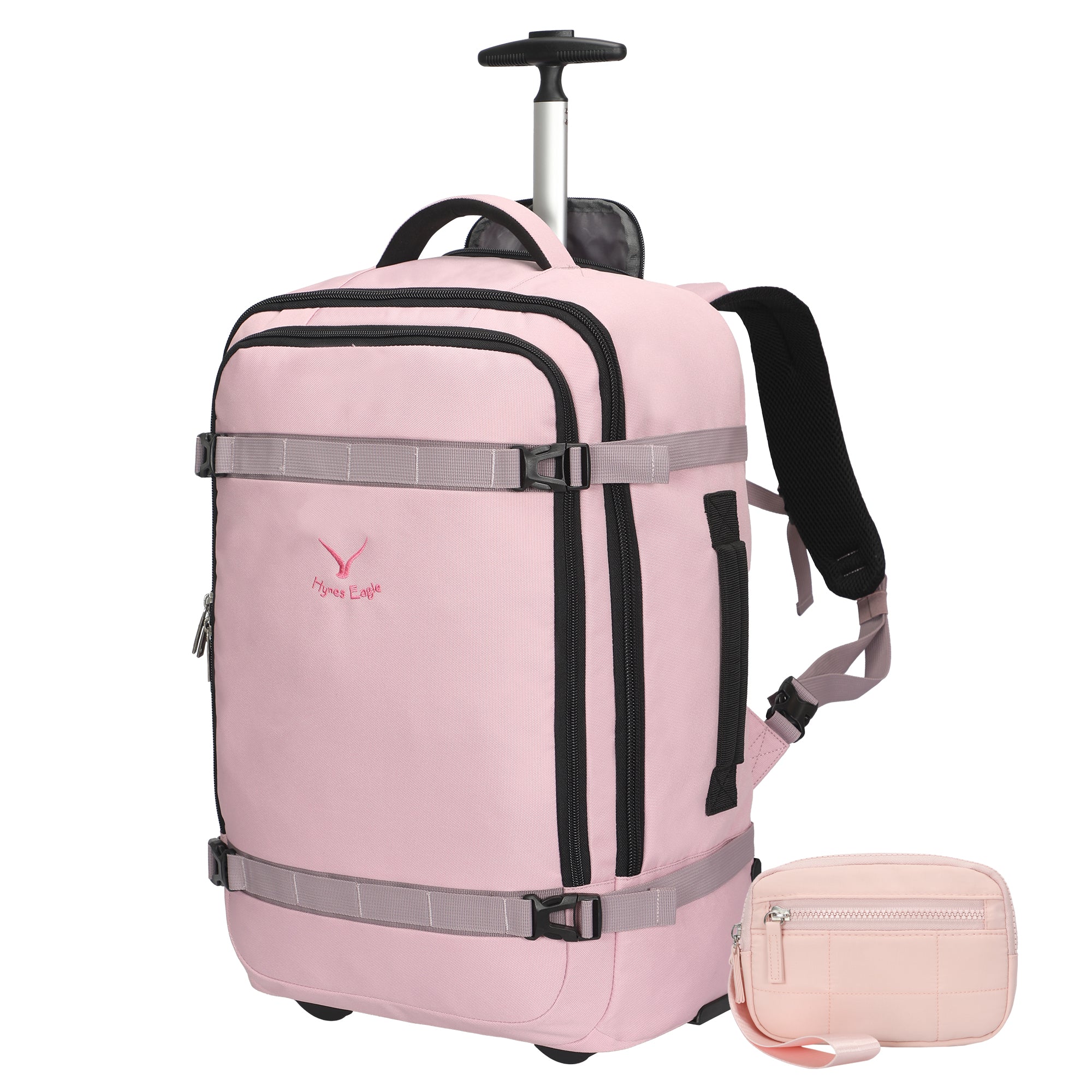 Hynes Eagle 42L Rolling Backpack – 2-Wheel Carry-On Luggage – Convertible Backpack Travel Bag + Puffer Wristlet Wallet