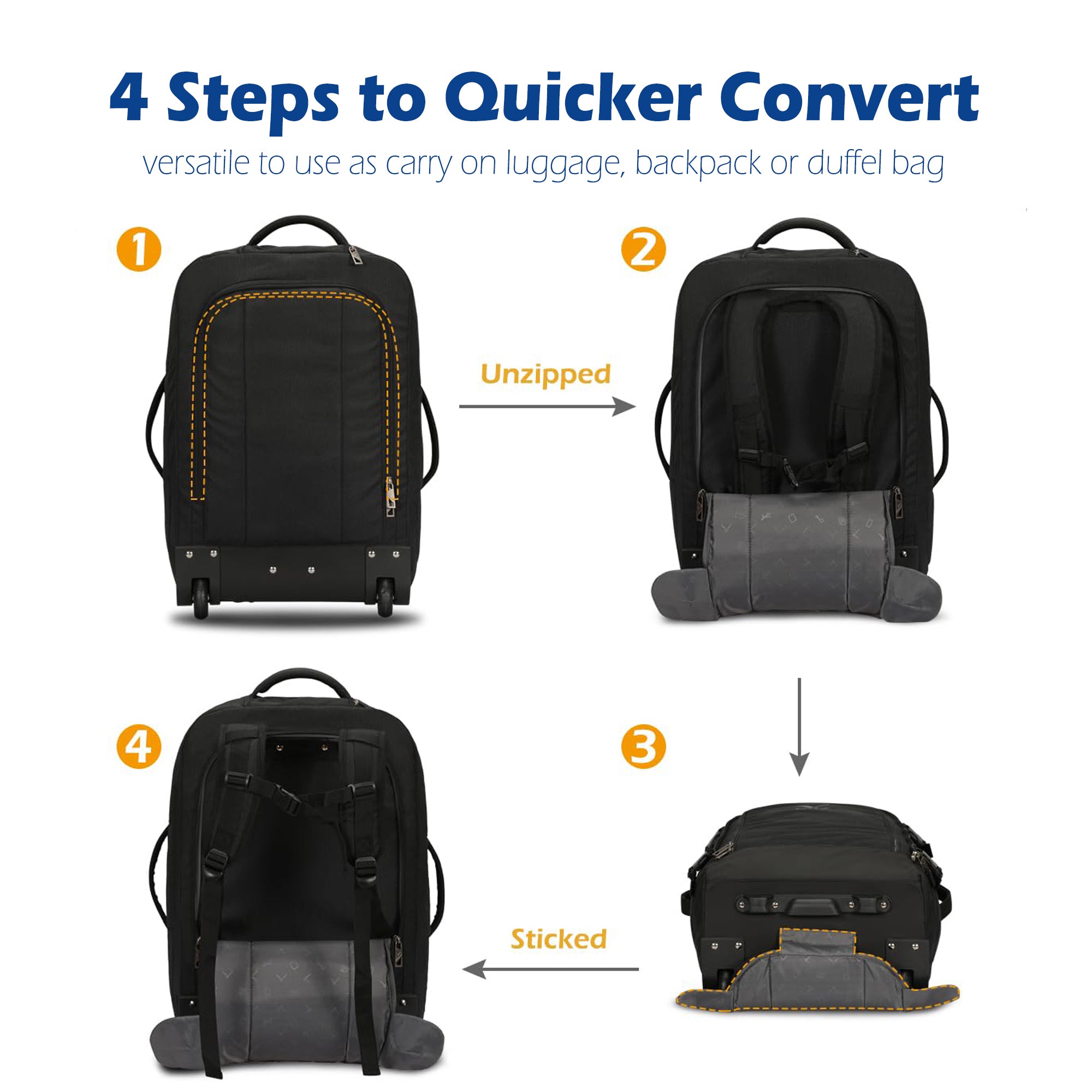 Hynes Eagle 63L Rolling Backpack x 3-Piece Packing Cube Set – 3-in-1 Travel Luggage with USB Port