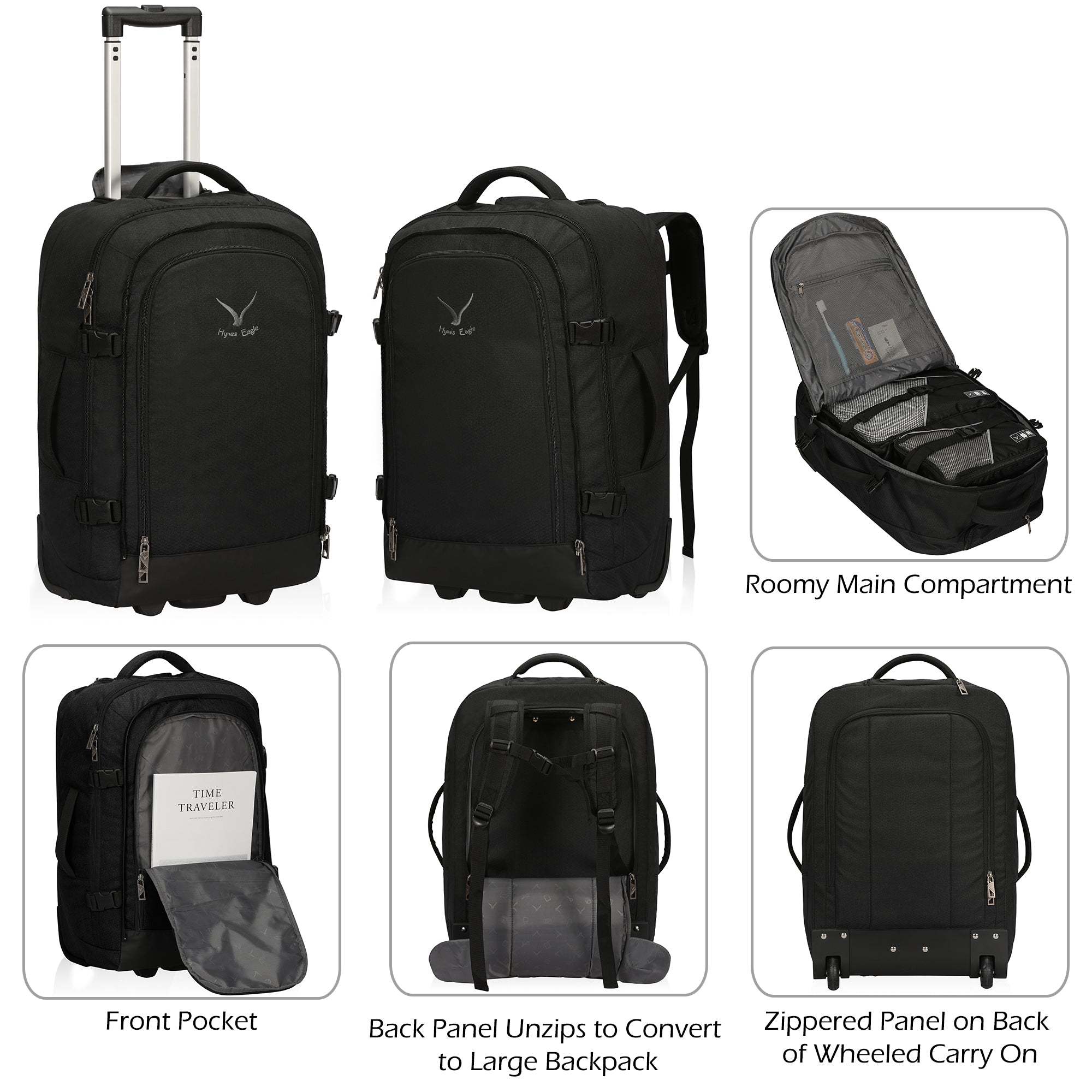 Hynes Eagle 63L Rolling Backpack x 3-Piece Packing Cube Set – 3-in-1 Travel Luggage with USB Port