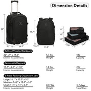 Hynes Eagle 63L Rolling Backpack x 3-Piece Packing Cube Set – 3-in-1 Travel Luggage with USB Port