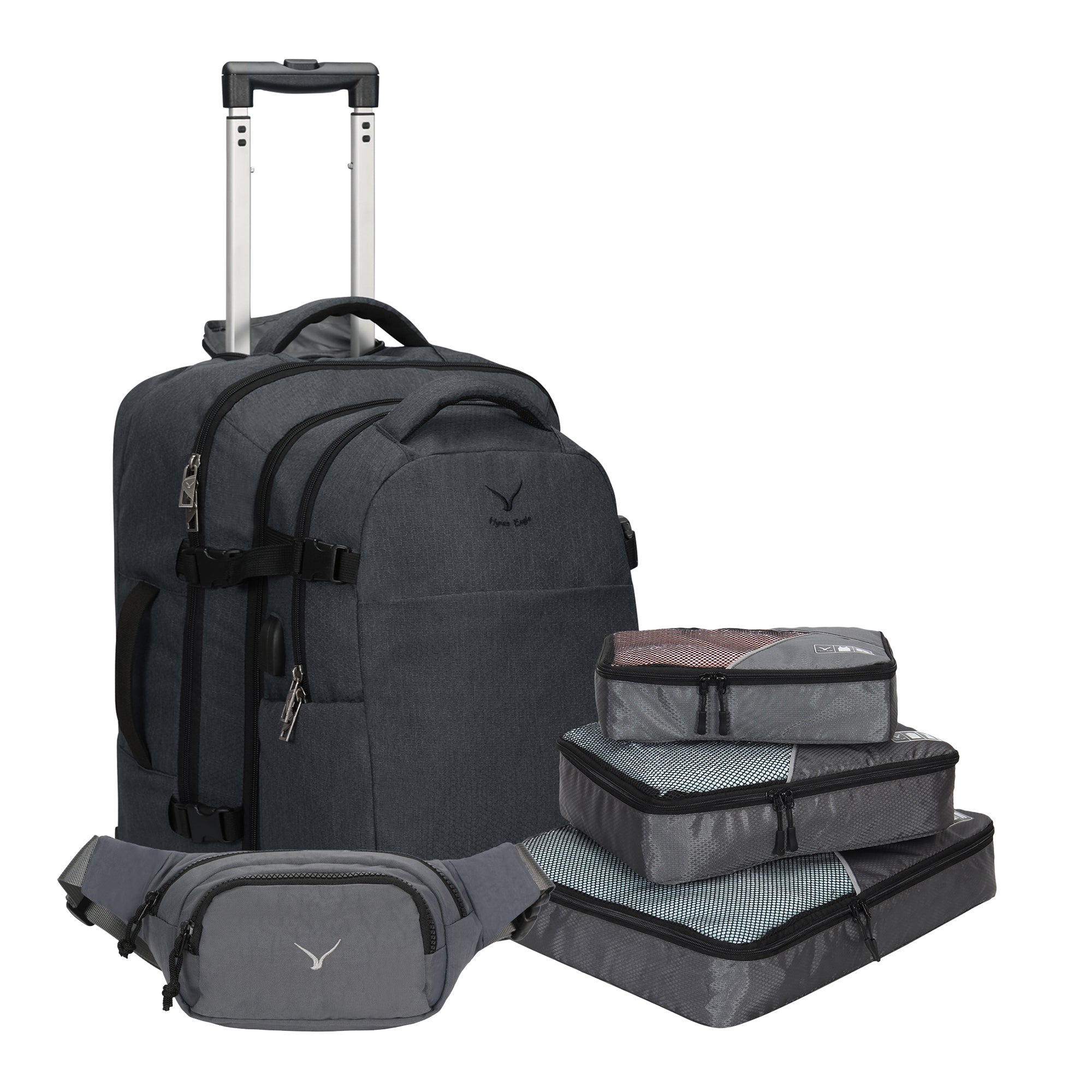 4 in 1 Luggage Set, 22" Trolley Backpack + 20L Daypack + 3-Piece Packing Cube Set + Fanny Pack