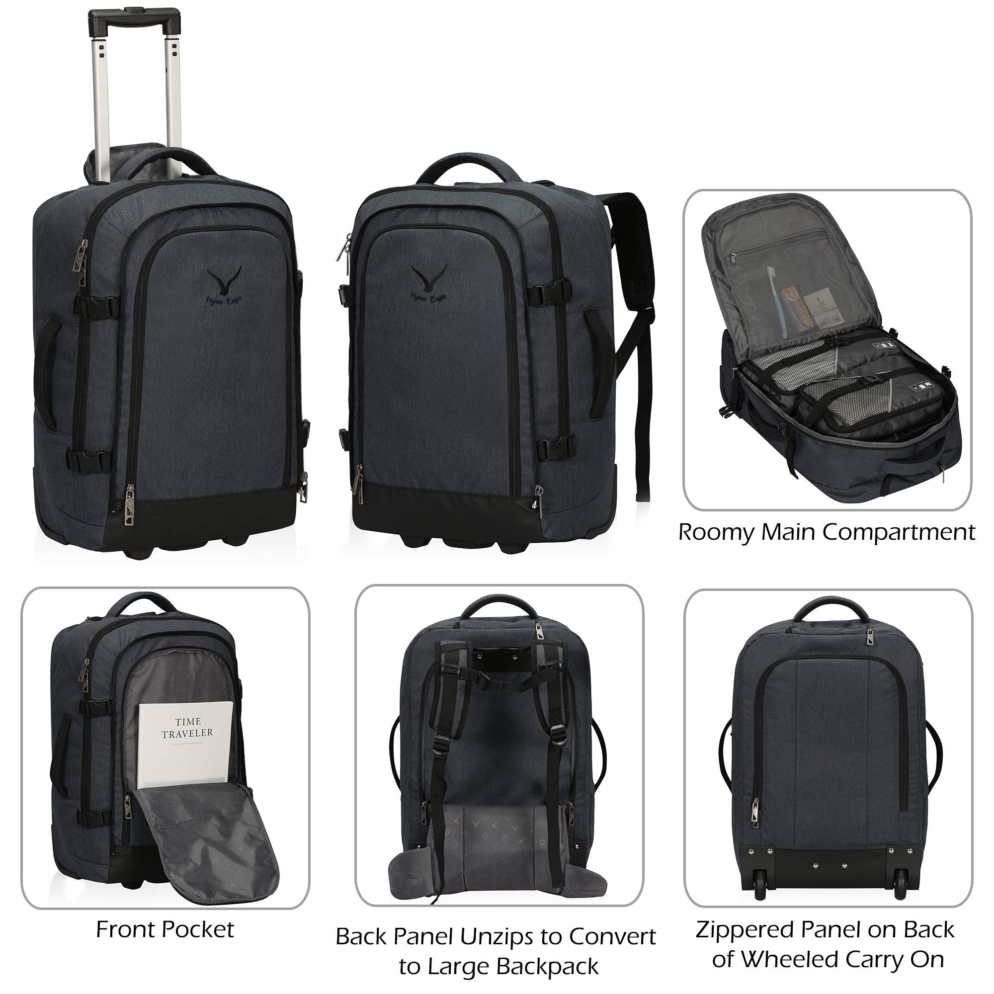 Hynes Eagle 63L Rolling Backpack x 3-Piece Packing Cube Set – 3-in-1 Travel Luggage with USB Port