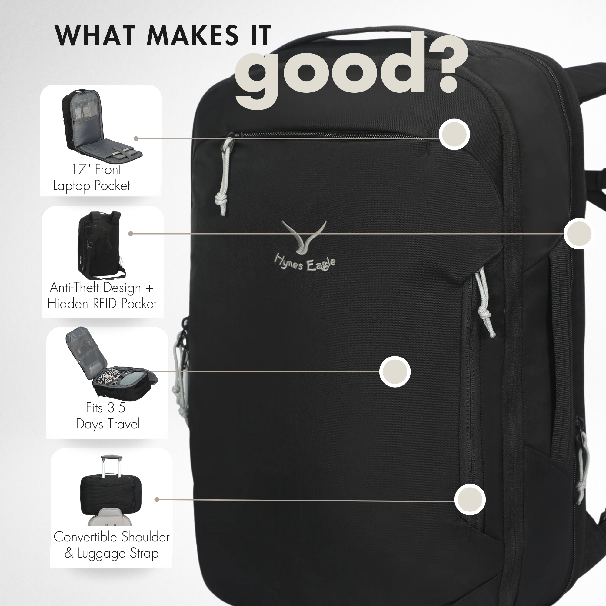 Hynes Eagle Expandable Travel Backpack – 40L Carry-On with 17" Laptop Sleeve & Anti-Theft Pockets