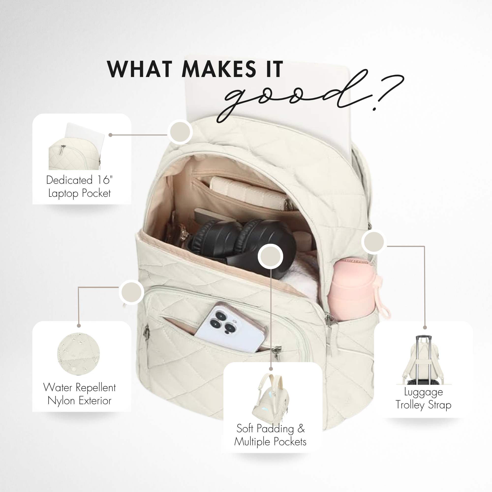 Hynes Eagle 20L Quilted Laptop Backpack – Lightweight Water-Resistant Nylon Travel & Work Backpack with 16" Laptop Sleeve