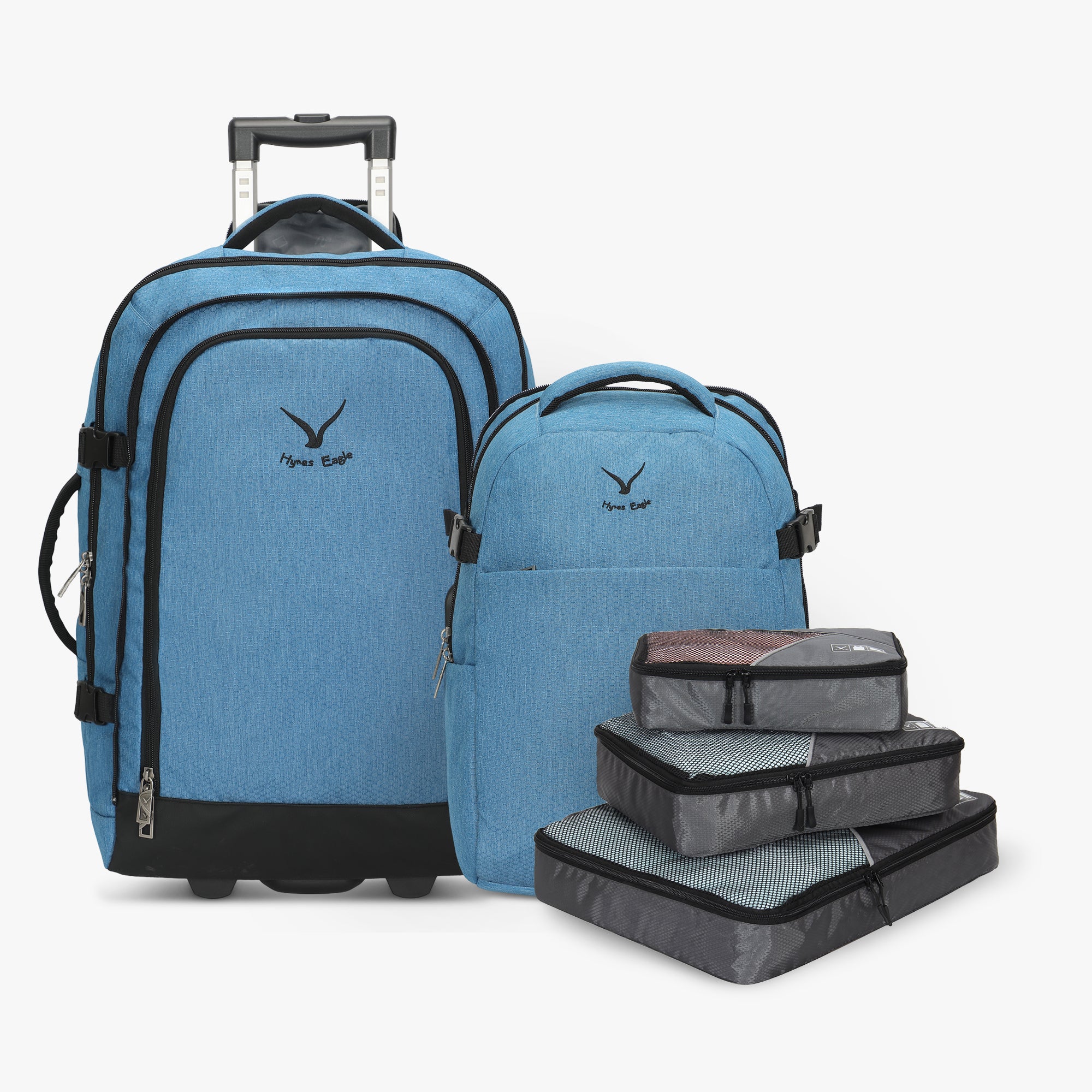 Hynes Eagle 63L Rolling Backpack x 3-Piece Packing Cube Set – 3-in-1 Travel Luggage with USB Port