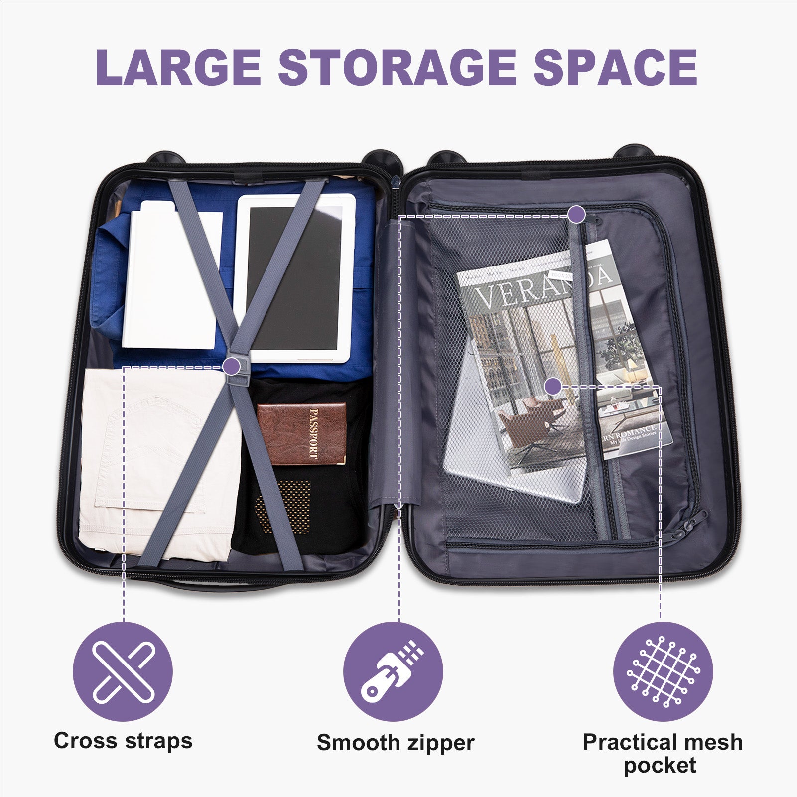 V-shaped stripes 4-piece set with PP handbag PP trolley case 14in 20in 24in 28in PP iron trolley fashionable color - taro purple (grain pattern)