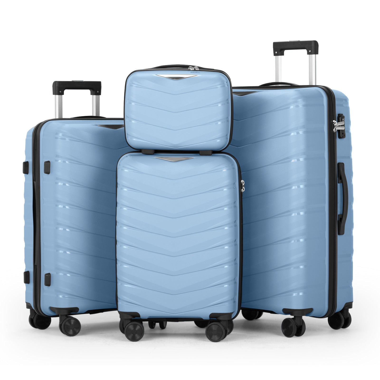 V-shaped stripes 4-piece suitcase with PP handbag PP trolley case 14in 20in 24in 28in PP iron trolley fashionable color - sky blue (grain pattern)