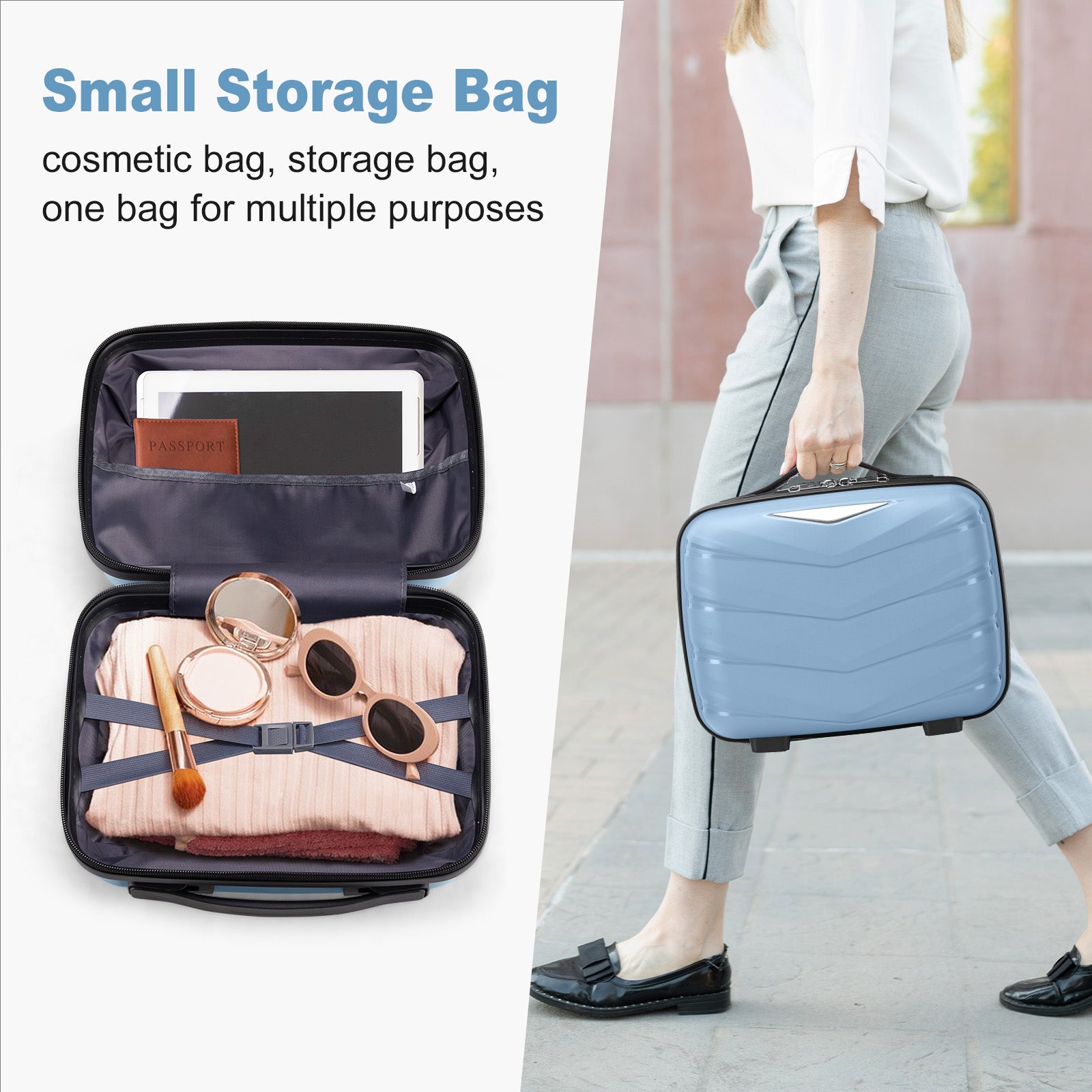V-shaped stripes 4-piece suitcase with PP handbag PP trolley case 14in 20in 24in 28in PP iron trolley fashionable color - sky blue (grain pattern)