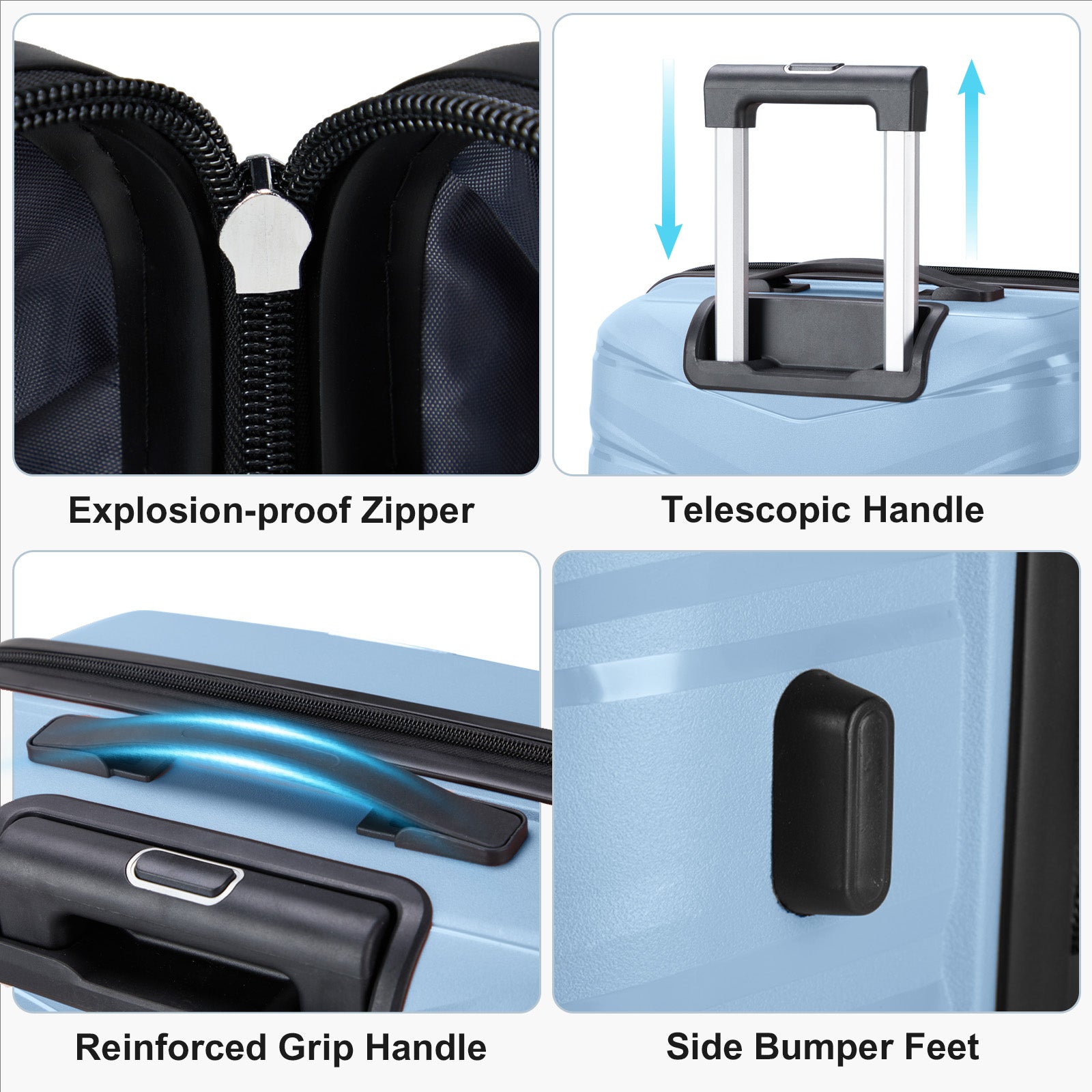 V-shaped stripes 4-piece suitcase with PP handbag PP trolley case 14in 20in 24in 28in PP iron trolley fashionable color - sky blue (grain pattern)