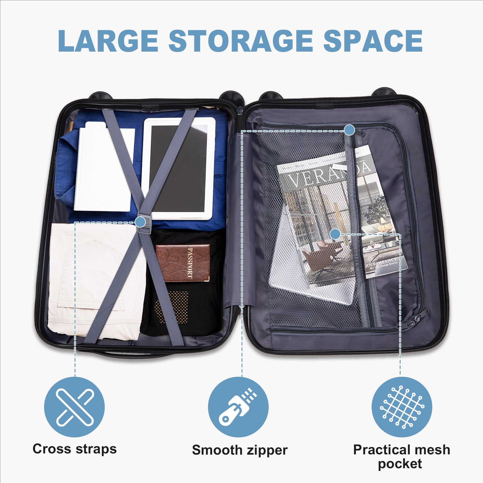 V-shaped stripes 4-piece suitcase with PP handbag PP trolley case 14in 20in 24in 28in PP iron trolley fashionable color - sky blue (grain pattern)