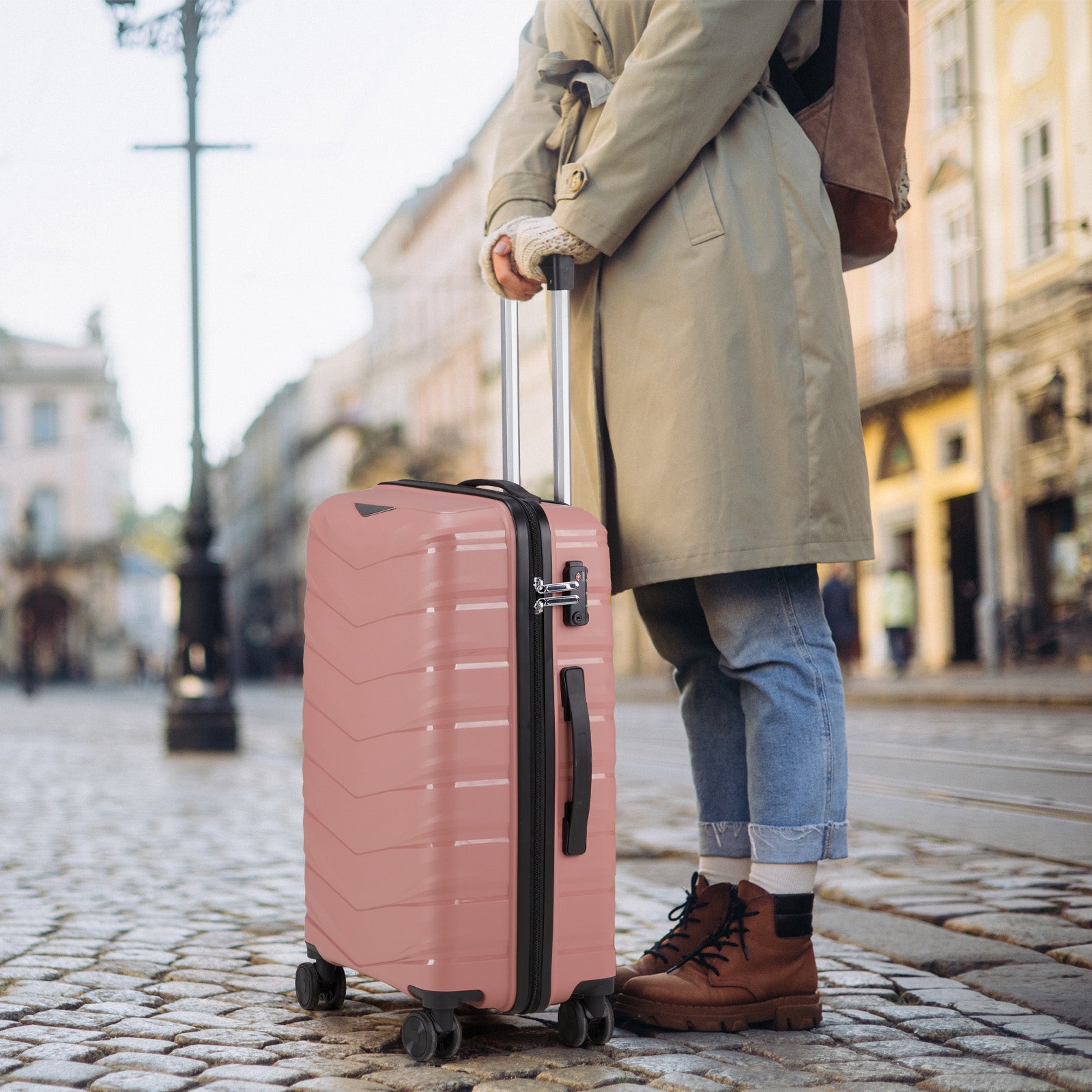 V-shaped stripes 4-piece suitcase with PP handbag PP trolley case 14in 20in 24in 28in PP iron trolley fashionable color - rose gold (grain pattern)