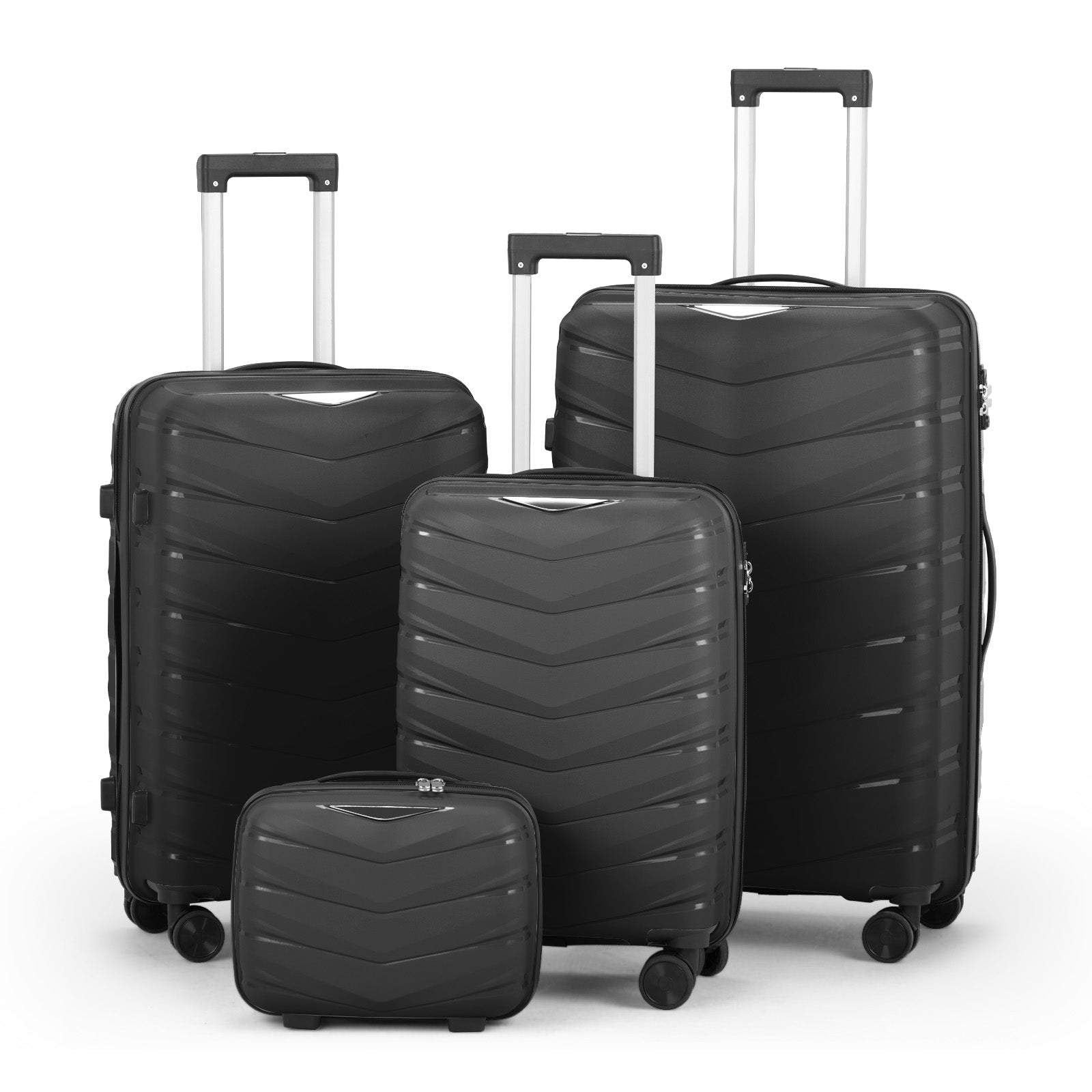 V-striped 4-piece suitcase with PP handbag PP trolley case 14in 20in 24in 28in PP iron trolley classic color - black (grained pattern)