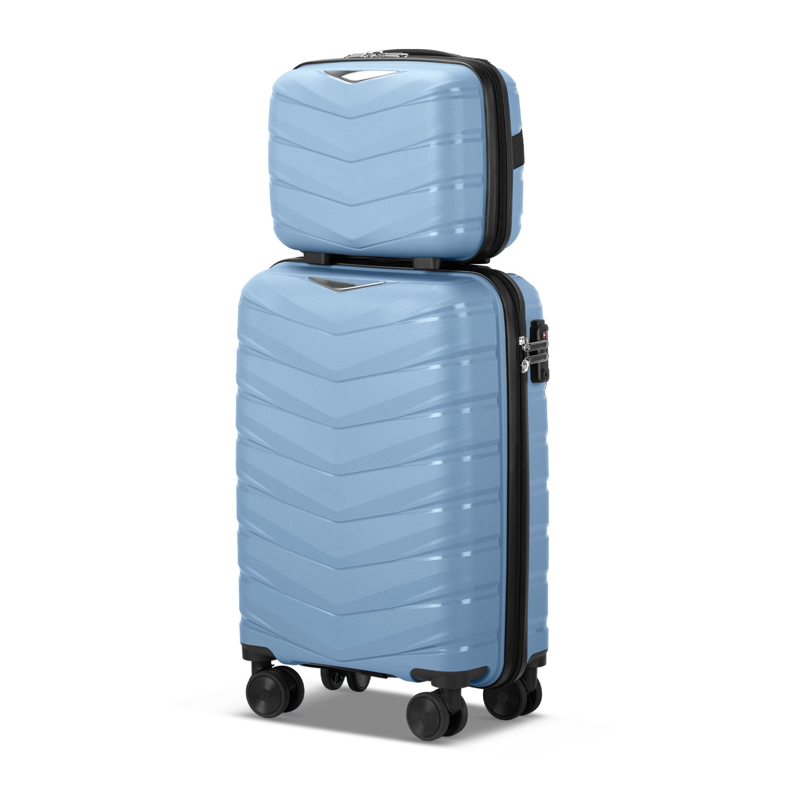V-shaped stripes 2-piece set with PP handbag PP trolley case 14in 20in PP iron trolley fashionable color - sky blue (grain pattern)