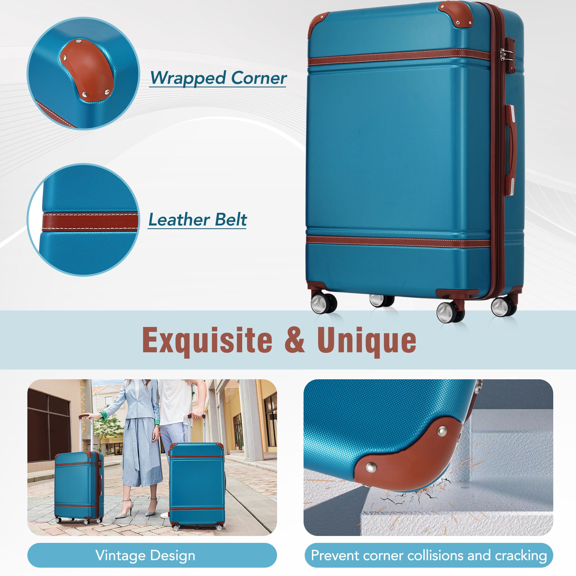 20 IN Hardside Luggage with Cosmetic Case , 2 Piece Lightweight Suitcase Set with Spinner Wheels, Carry on Vintage Luggage,Blue