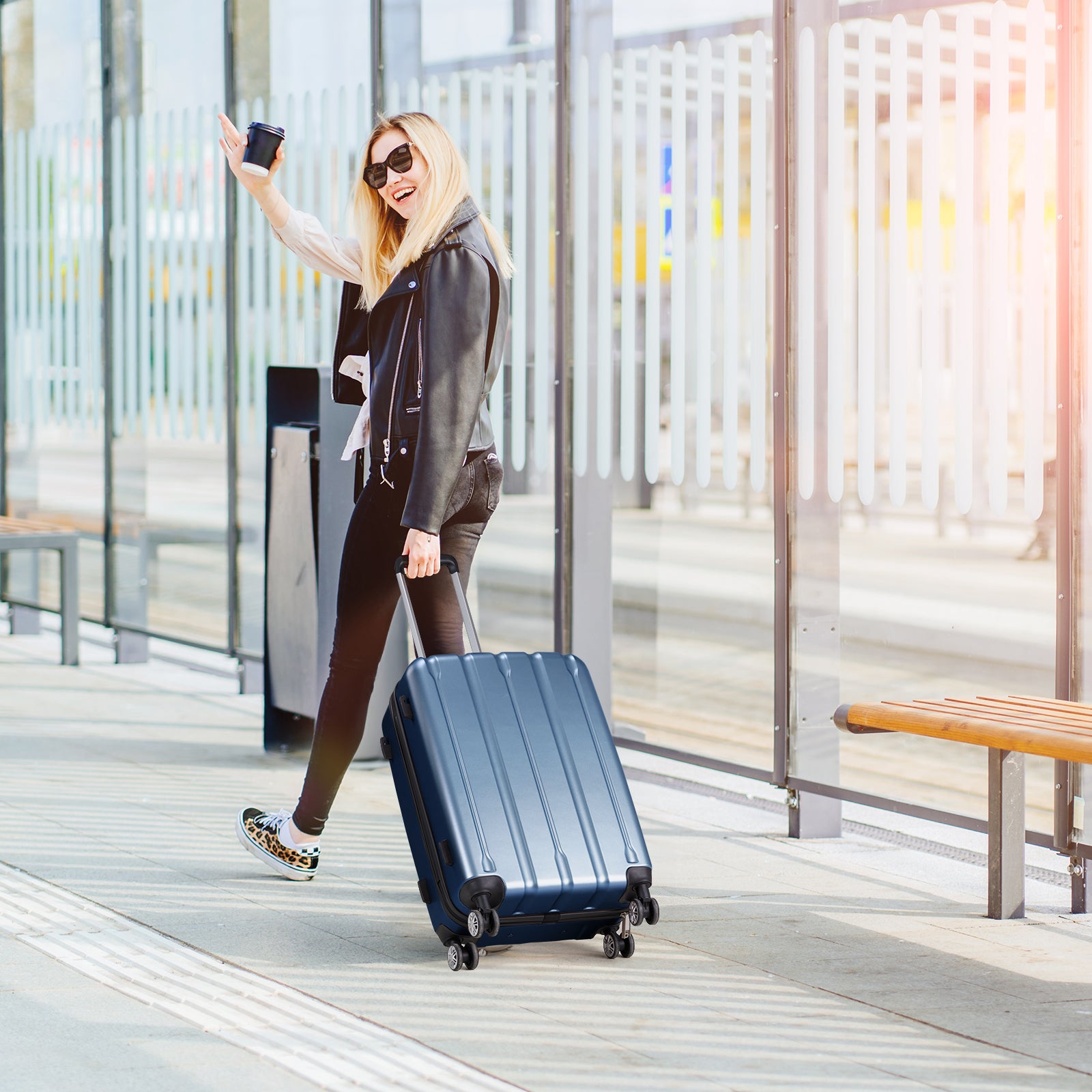 3-in-1 suitcase with vertical stripes 20in 24in 28in ABS PC classic color 02-dark blue