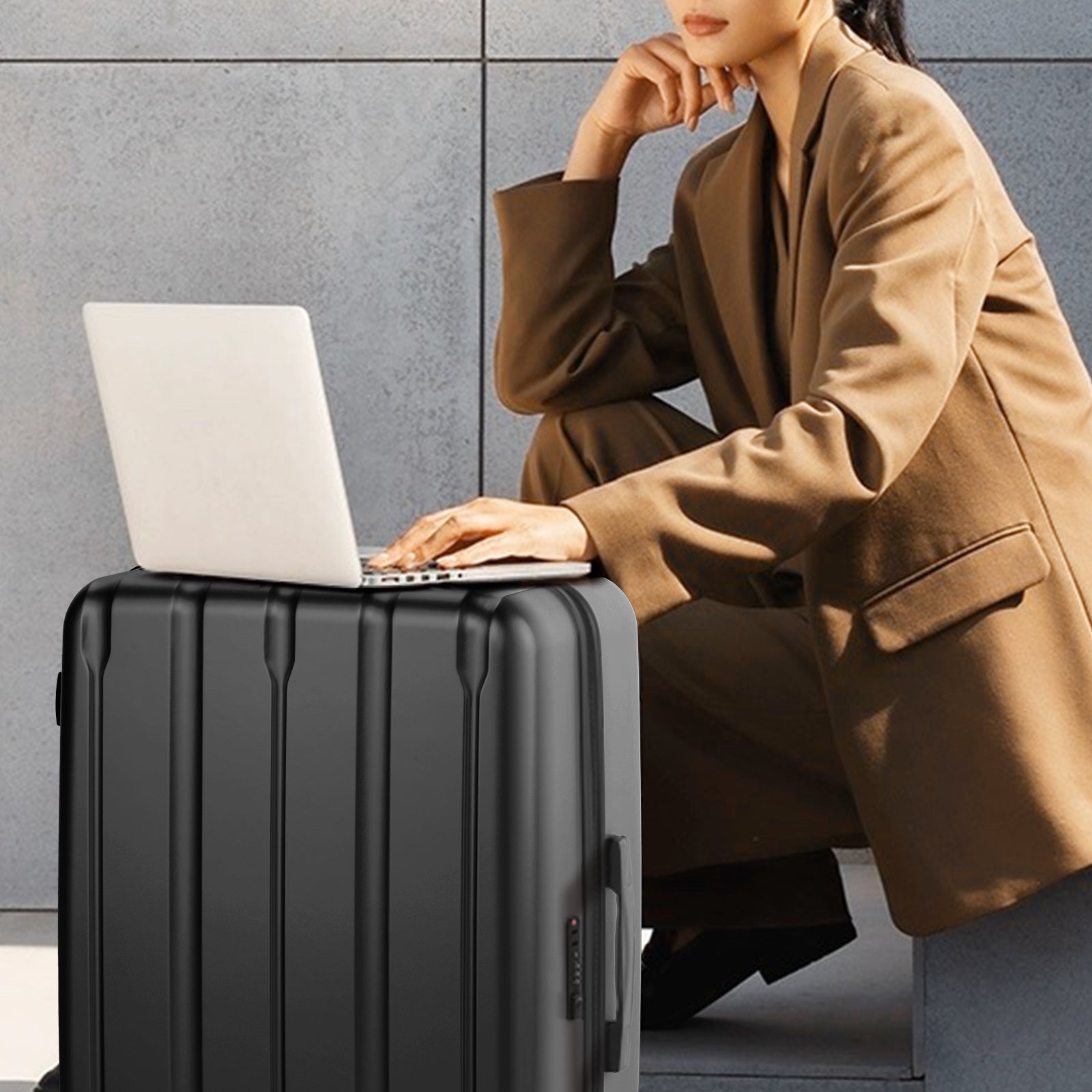 3-in-1 Set Vertical Stripe ABS&PC Trolley Case 20in 24in 28in ABS PC Classic Color 02-Black