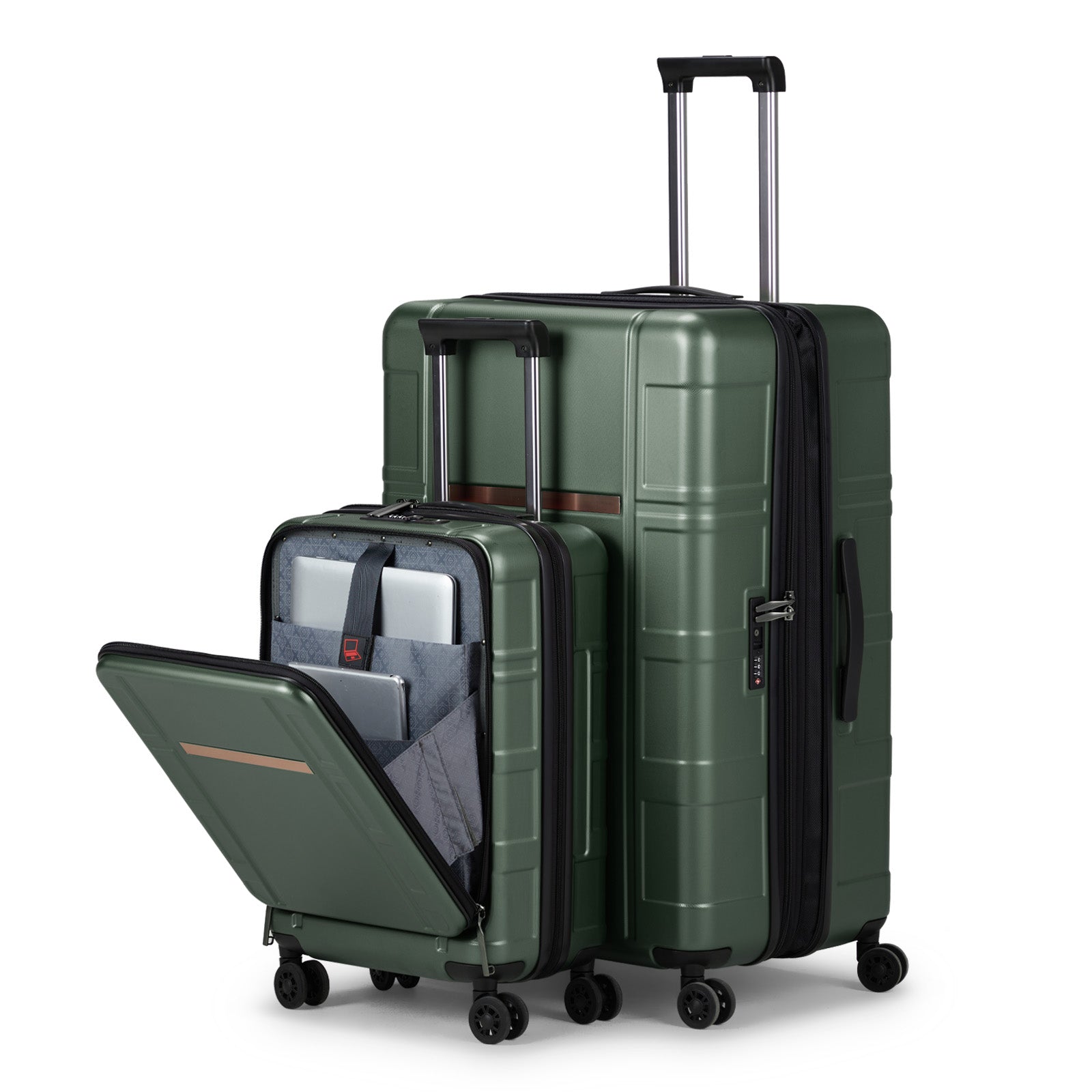 Luggage Expandable Suitcase 2 Piece Set Carry On ABS+PC Spinner Trolley with pocket Compartment Weekend Bag ， Dark Green Color