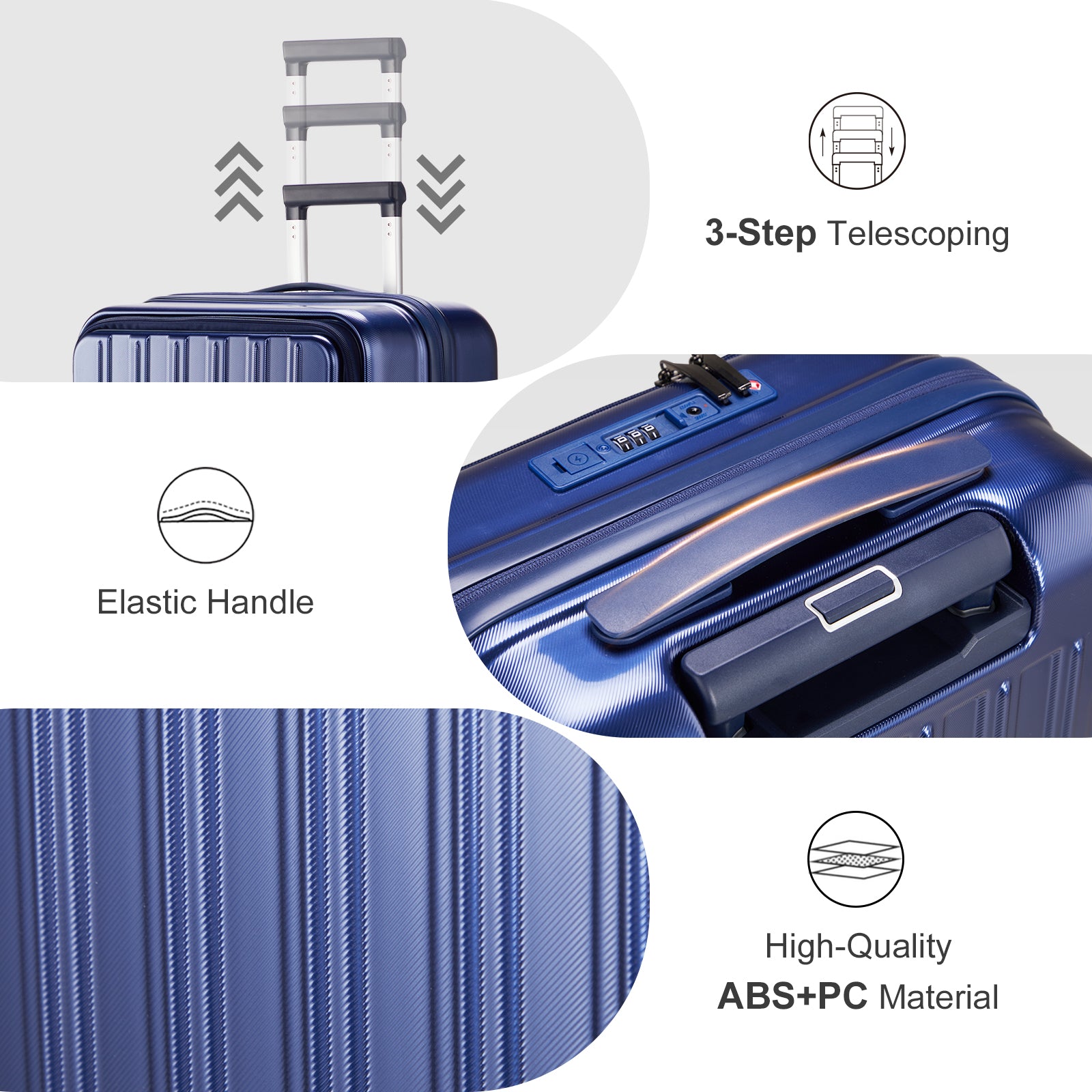 Luggage Sets 3 Piece, ABS+PC Front Open Hardshell Lightweight Luggages, Expandable Carry On Suitcase Set with TSA Lock & Double Wheels (20/24/28, Navy Blue)