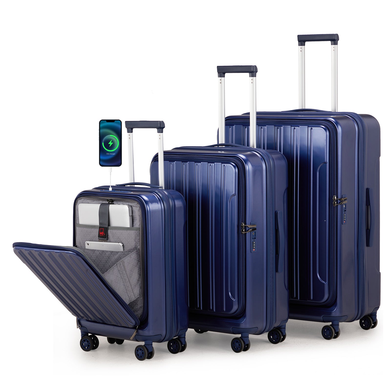 Luggage Sets 3 Piece, ABS+PC Front Open Hardshell Lightweight Luggages, Expandable Carry On Suitcase Set with TSA Lock & Double Wheels (20/24/28, Navy Blue)