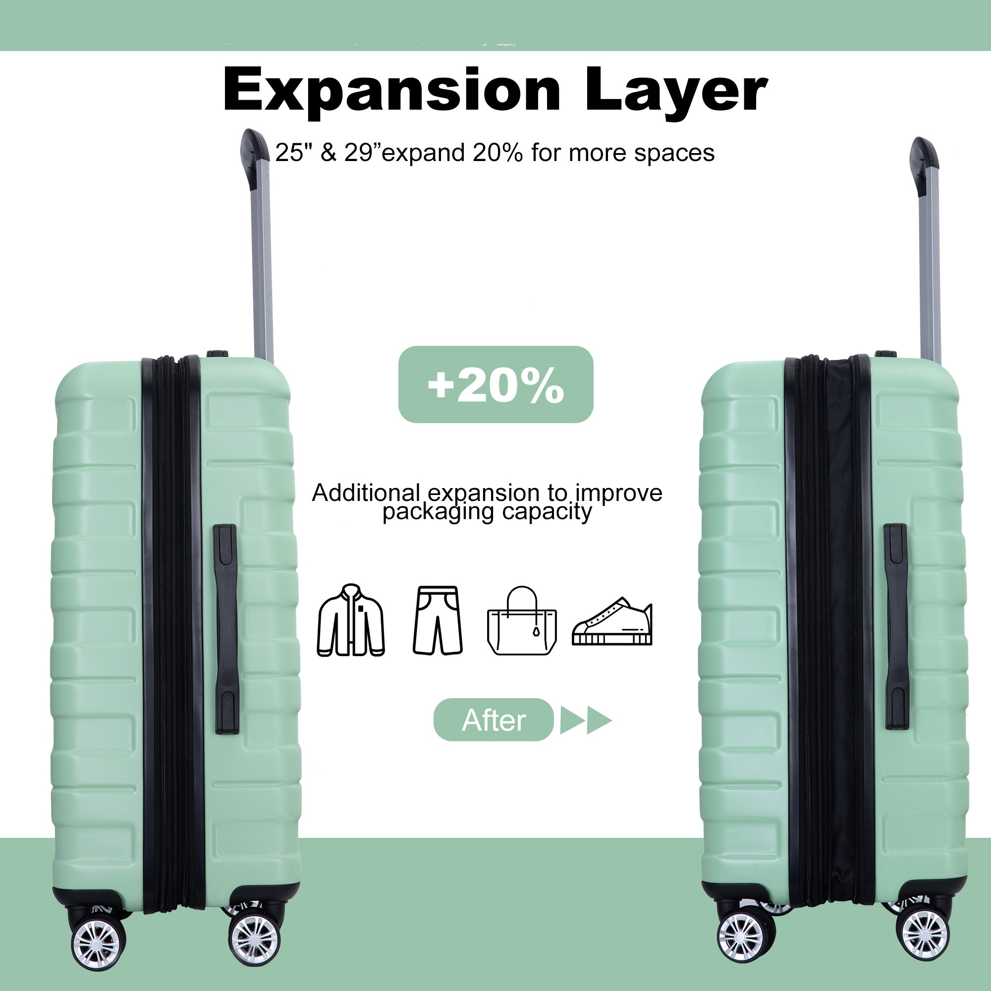 3 Piece Luggage Sets PC Lightweight & Durable Expandable Suitcase with Two Hooks, Double Spinner Wheels, TSA Lock, (21/25/29) Light Green
