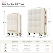 Luggage Sets 3 Piece, 20-inch with USB Port and front opening design,  ABS Hard Shell Luggage with Spinner Wheels, Cup Holder, white