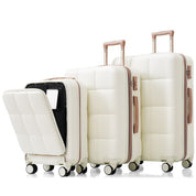 Luggage Sets 3 Piece, 20-inch with USB Port and front opening design,  ABS Hard Shell Luggage with Spinner Wheels, Cup Holder, white