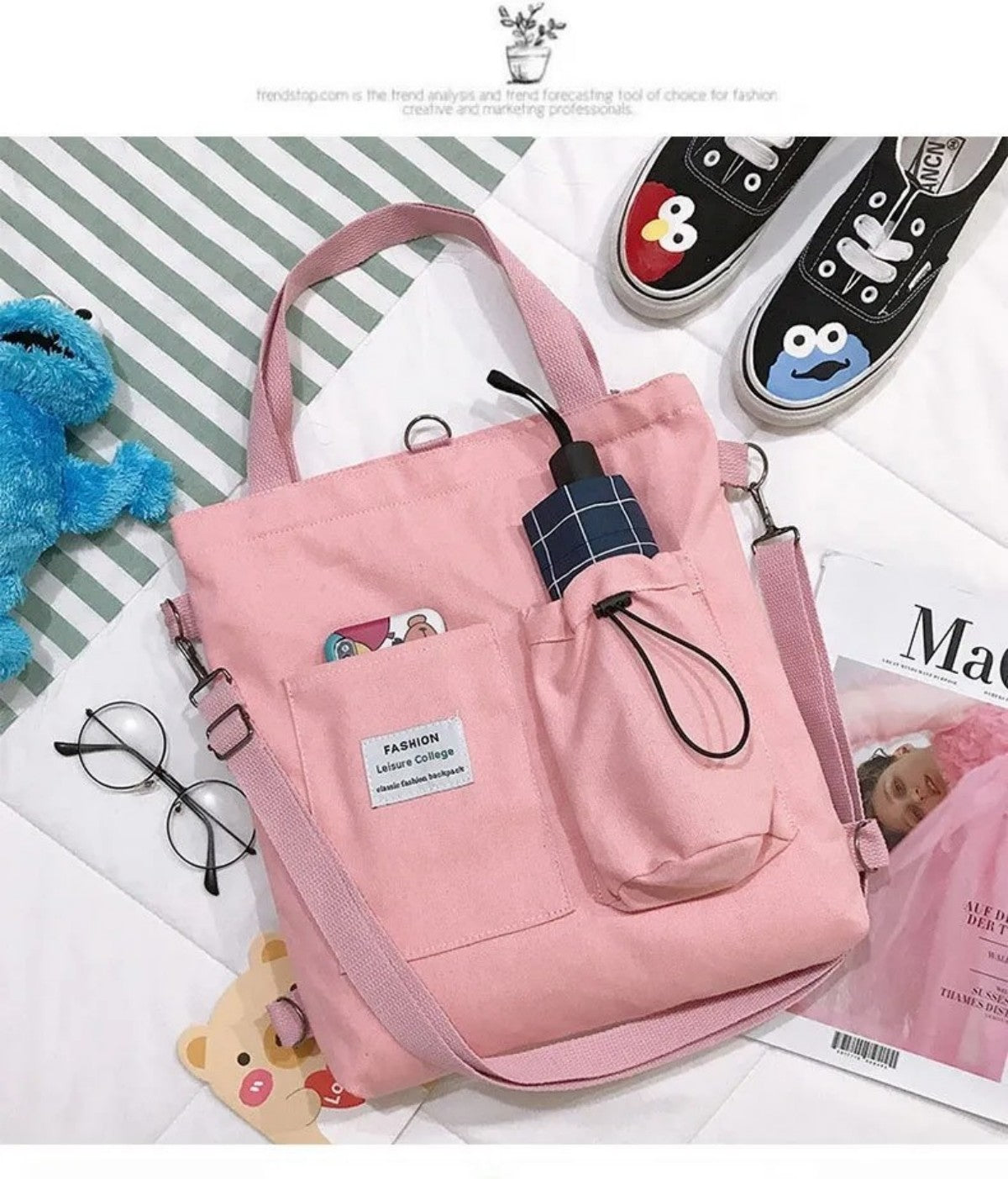 Harajuku Canvas Shoulder Bag for Women - Stylish Preppy Handbag with Pockets, Lightweight, Perfect for Students and Daily Use