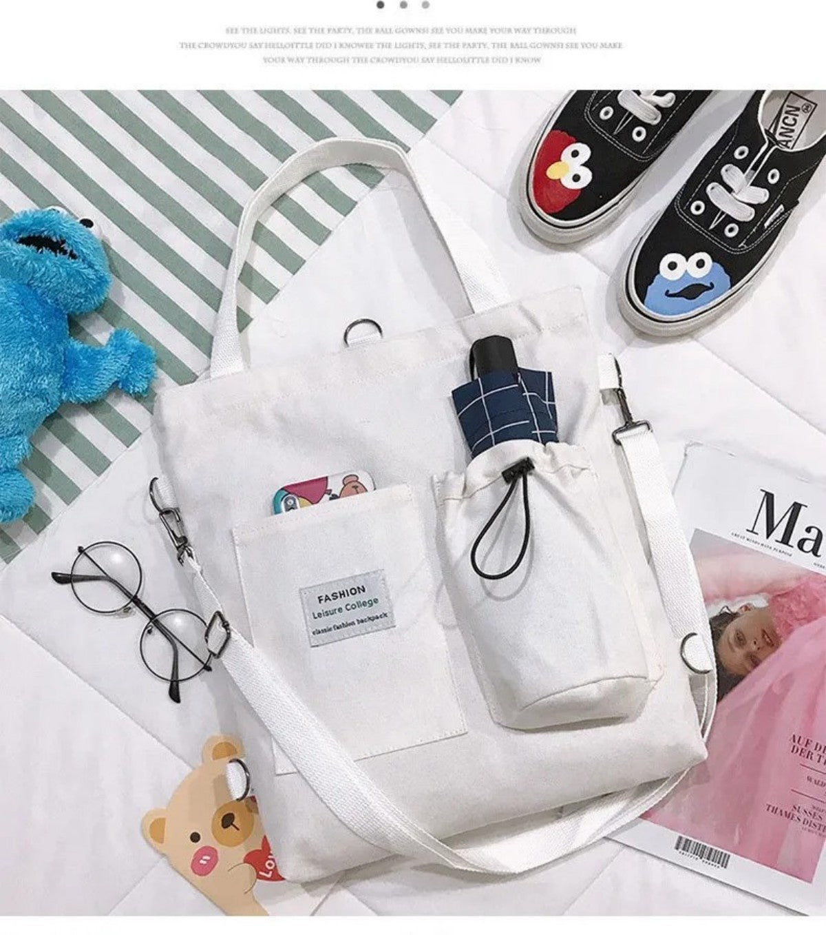 Harajuku Canvas Shoulder Bag for Women - Stylish Preppy Handbag with Pockets, Lightweight, Perfect for Students and Daily Use