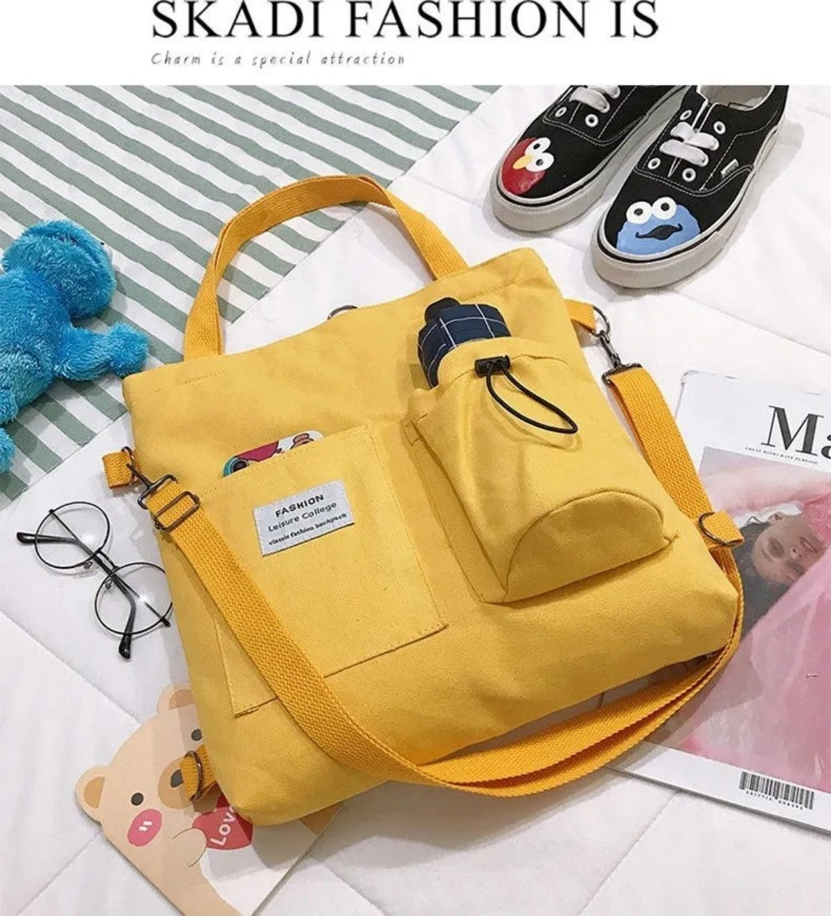 Harajuku Canvas Shoulder Bag for Women - Stylish Preppy Handbag with Pockets, Lightweight, Perfect for Students and Daily Use