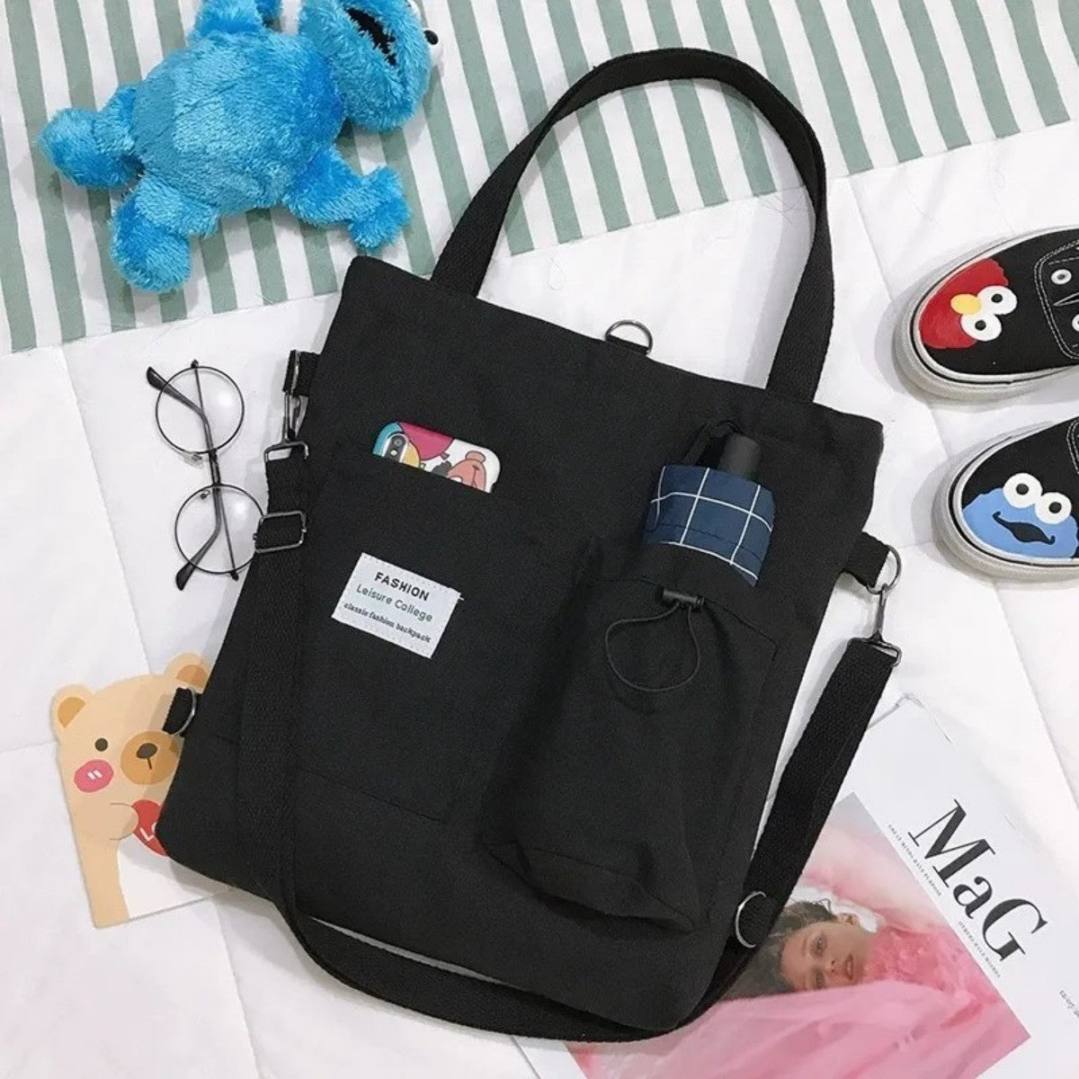 Harajuku Canvas Shoulder Bag for Women - Stylish Preppy Handbag with Pockets, Lightweight, Perfect for Students and Daily Use