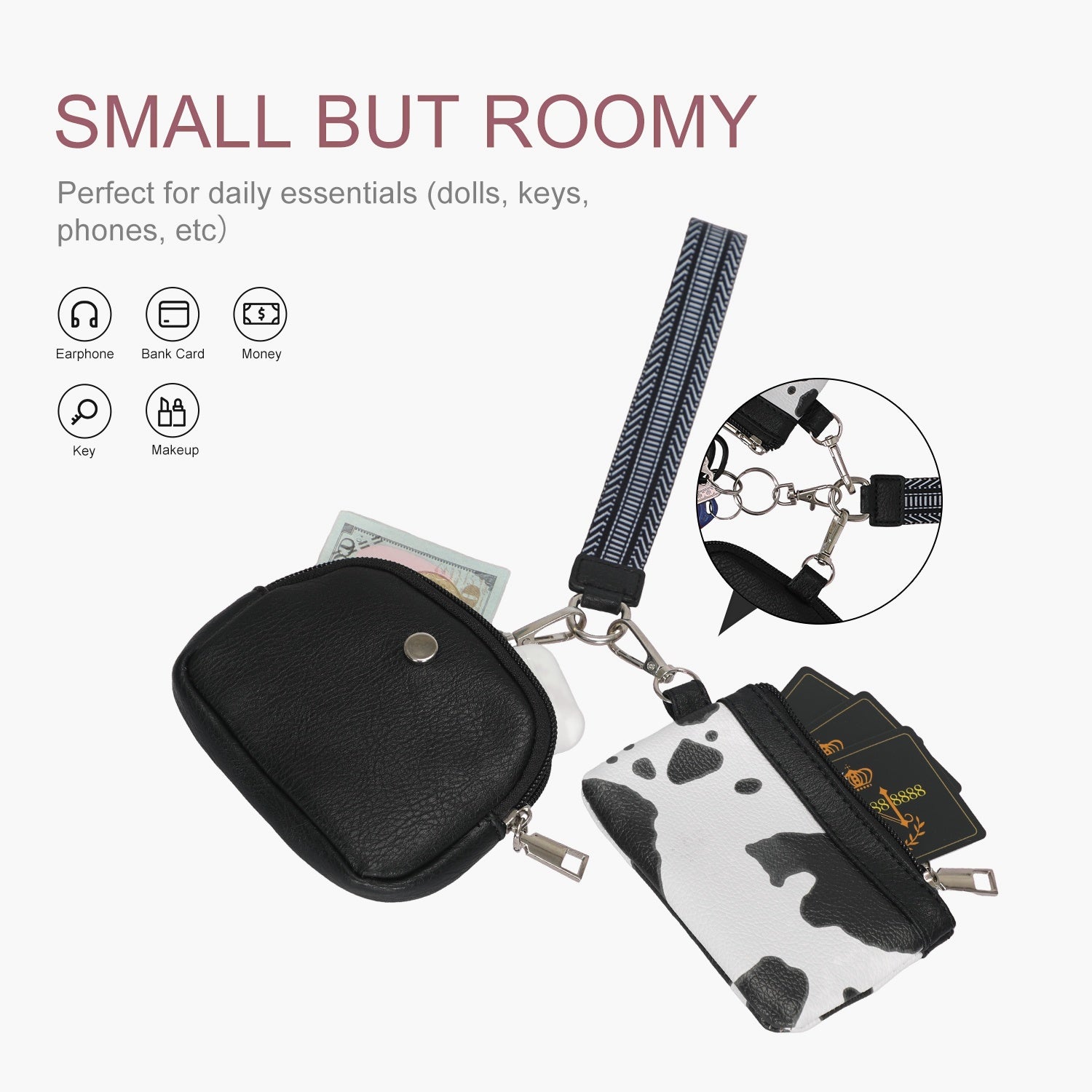 Dual Pouch Wristlet Wallet-Cow Black