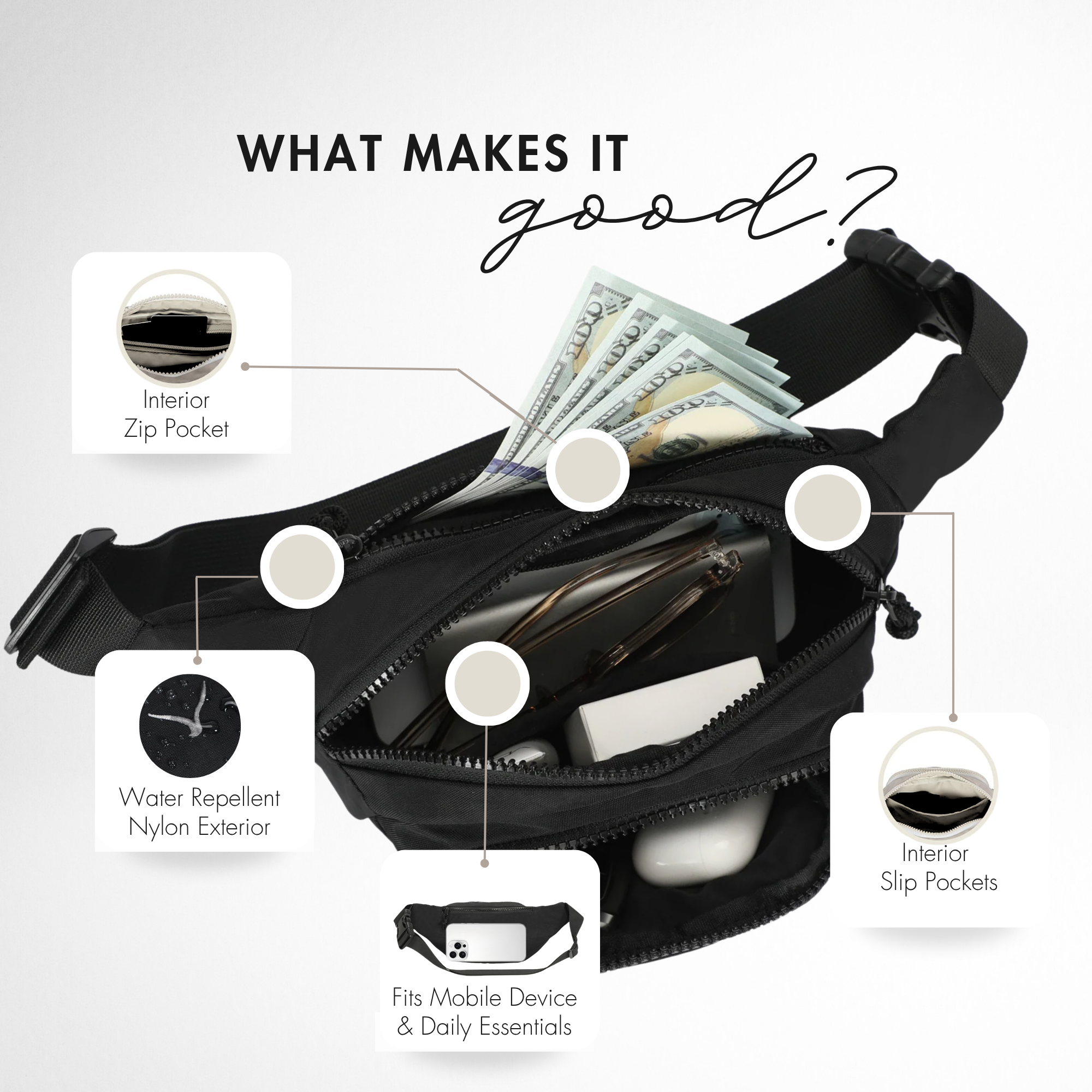 Hynes Eagle Belt Bag with Adjustable Strap & Hidden Anti-Theft Pocket