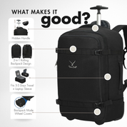 Hynes Eagle 42L Rolling Backpack Carry-On – 2-Wheel Travel Suitcase with Laptop Sleeve, TSA Approved