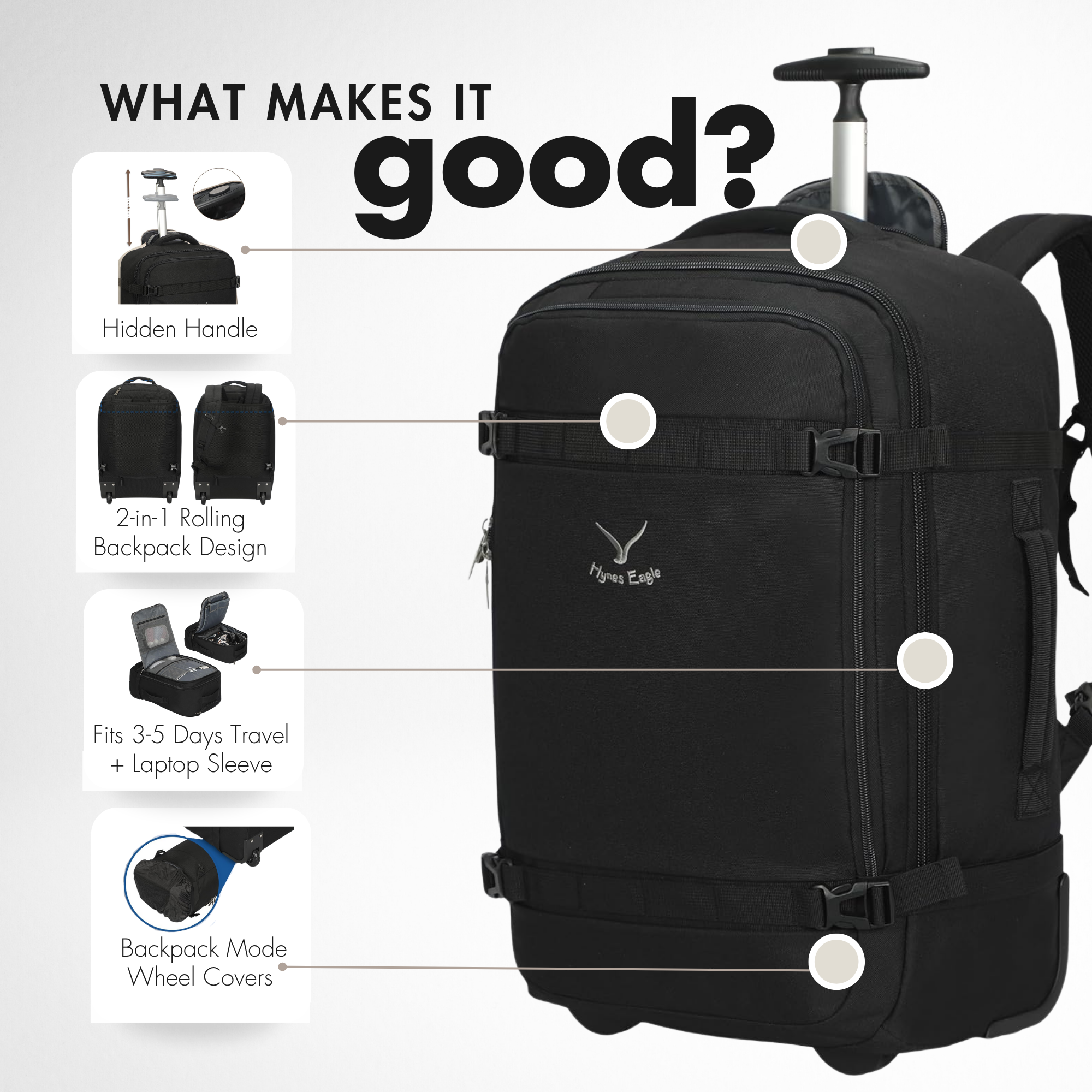Hynes Eagle 42L Rolling Backpack Carry-On – 2-Wheel Travel Suitcase with Laptop Sleeve, TSA Approved
