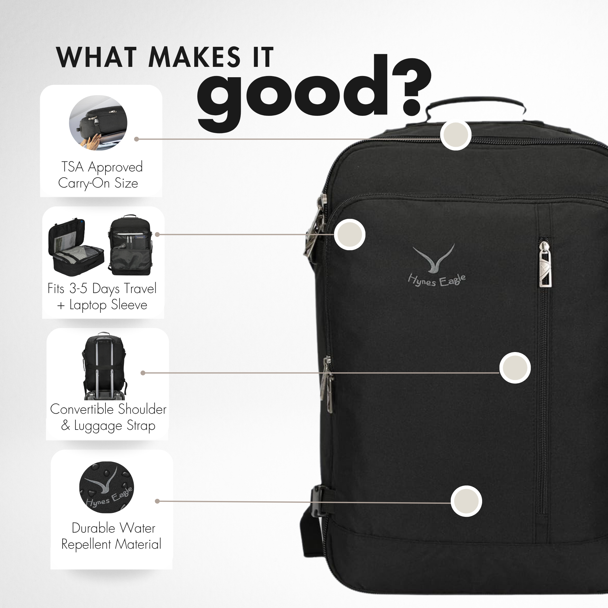 Hynes Eagle 38L Carry-On Backpack – Lightweight Travel Laptop Bag with 15" Sleeve, Water-Resistant, Flight Approved