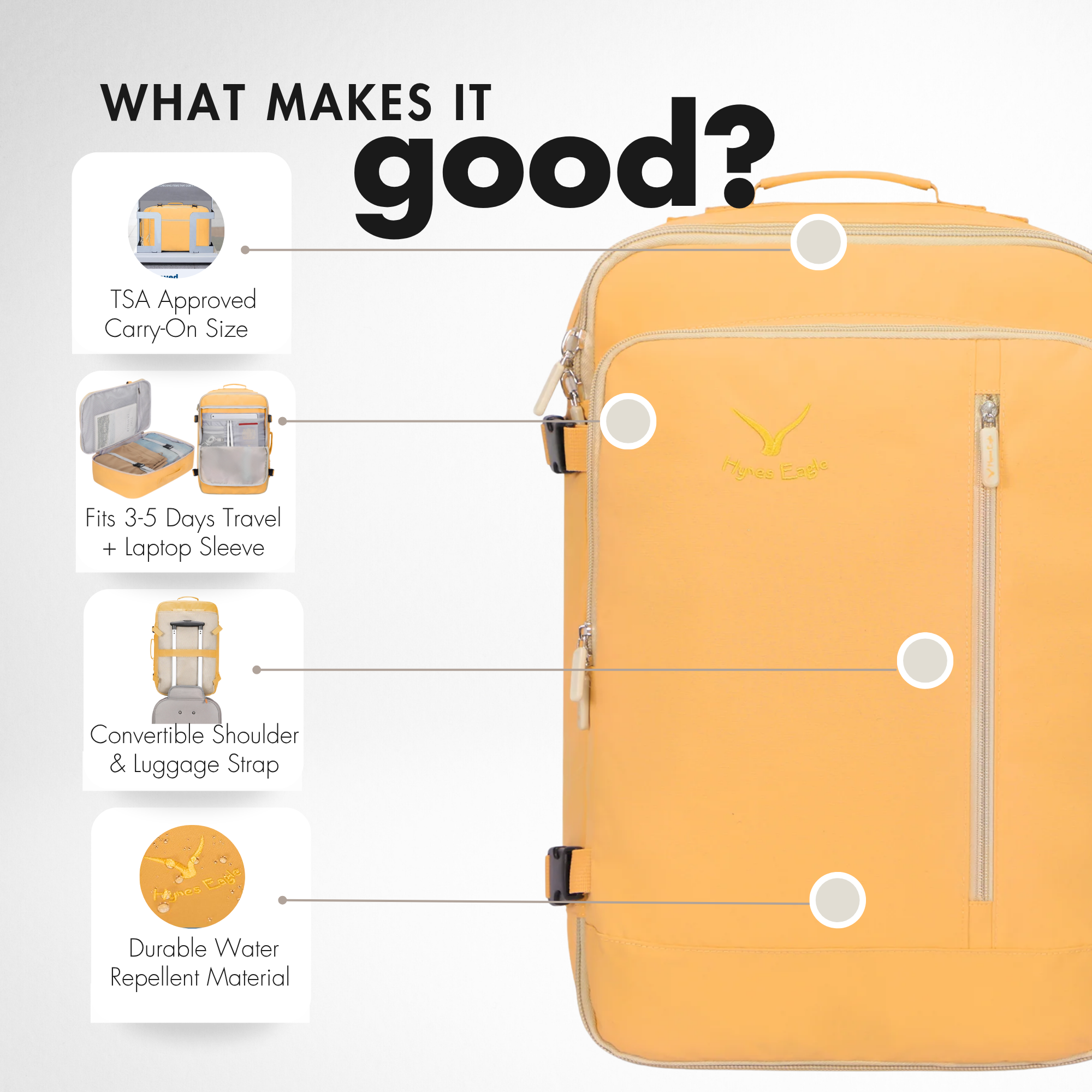 Hynes Eagle 38L Carry-On Backpack – Lightweight Travel Laptop Bag with 15" Sleeve, Water-Resistant, Flight Approved