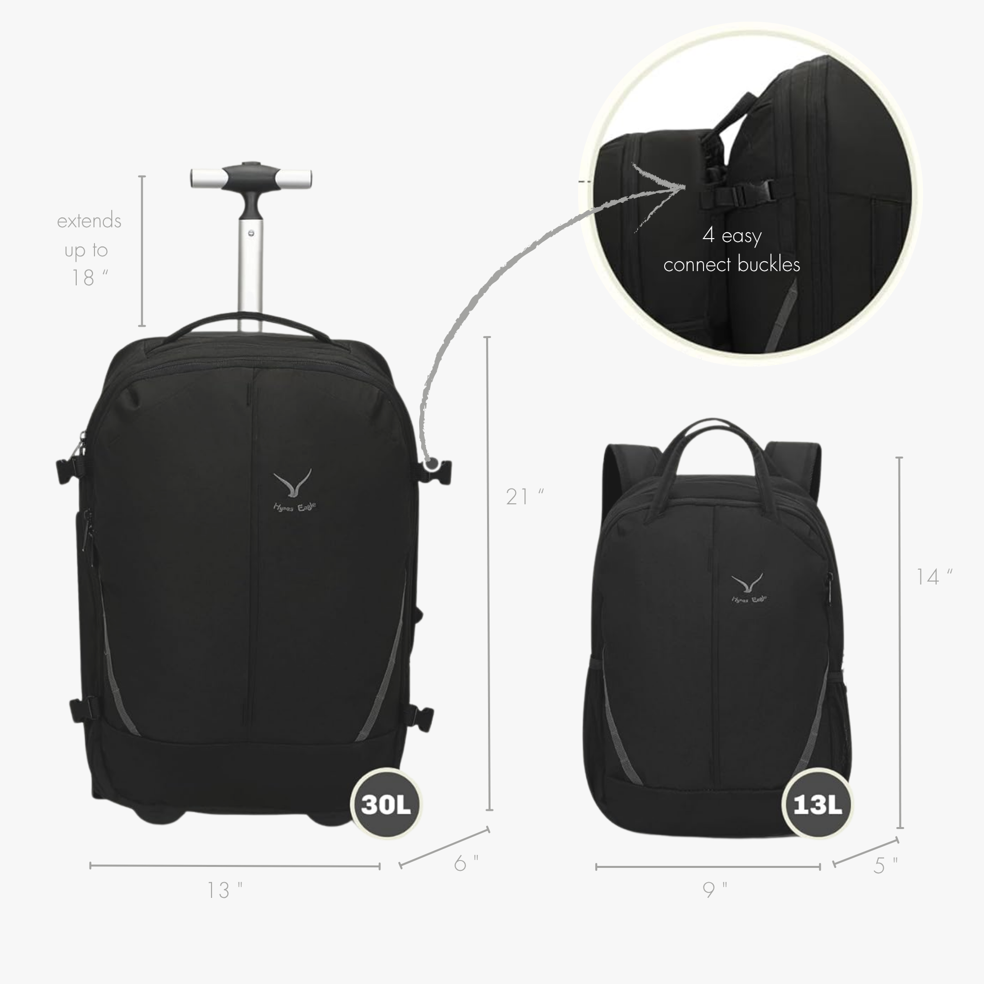 Hynes Eagle 2-in-1 Modular Rolling Backpack Set – Convertible Carry-On Luggage with Detachable Daypack, Water-Resistant, Flight Approved
