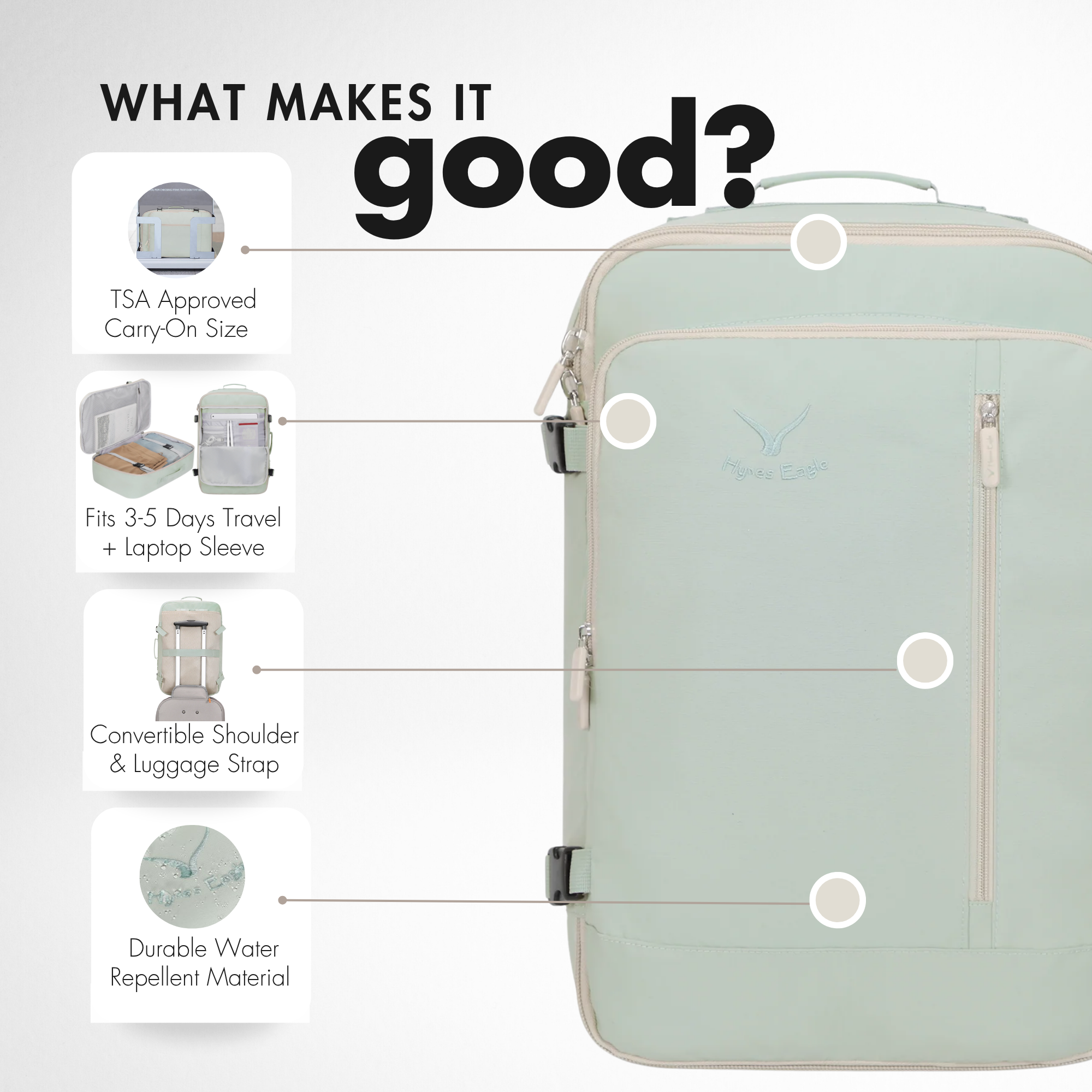 Hynes Eagle 38L Carry-On Backpack – Lightweight Travel Laptop Bag with 15" Sleeve, Water-Resistant, Flight Approved