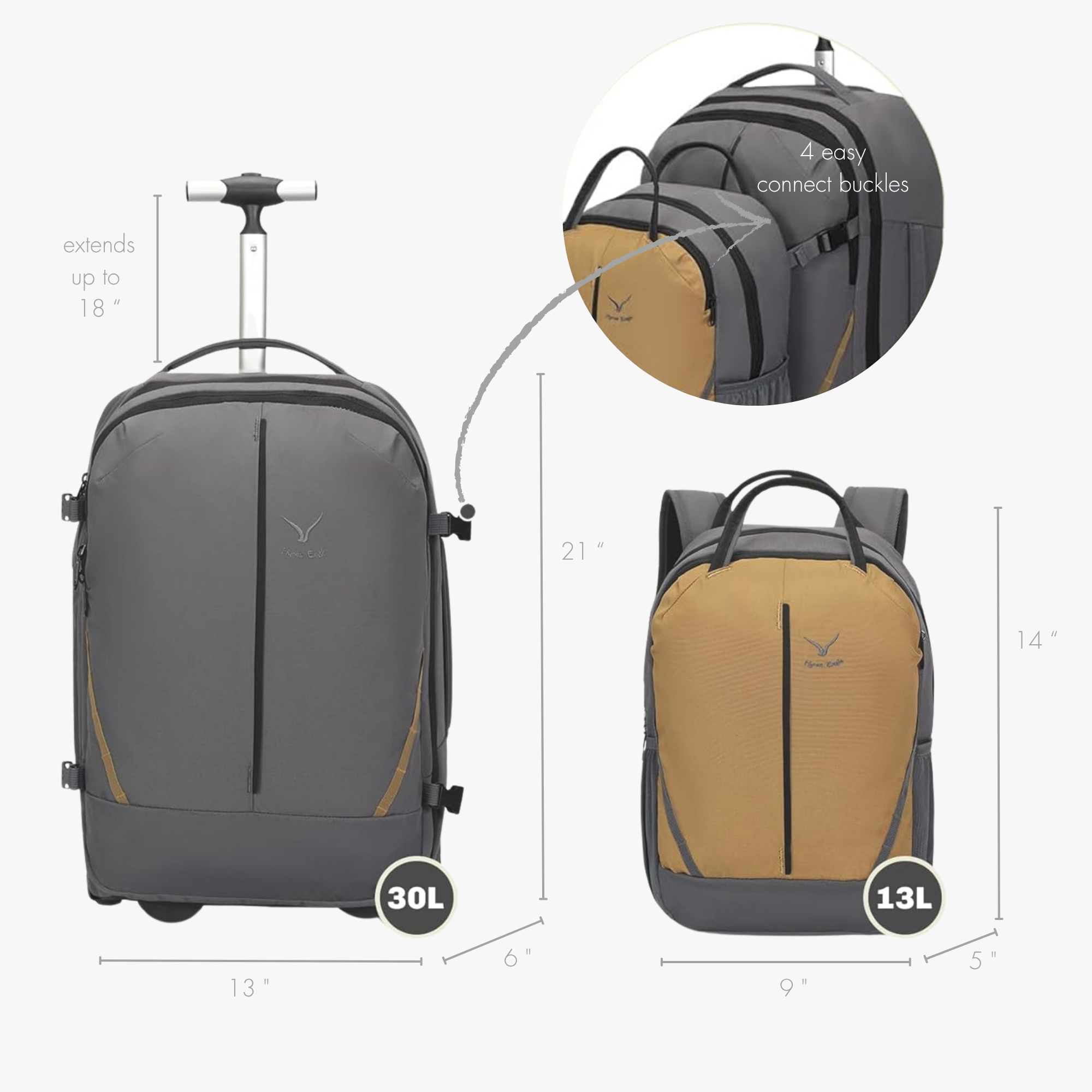 Hynes Eagle 2-in-1 Modular Rolling Backpack Set – Convertible Carry-On Luggage with Detachable Daypack, Water-Resistant, Flight Approved