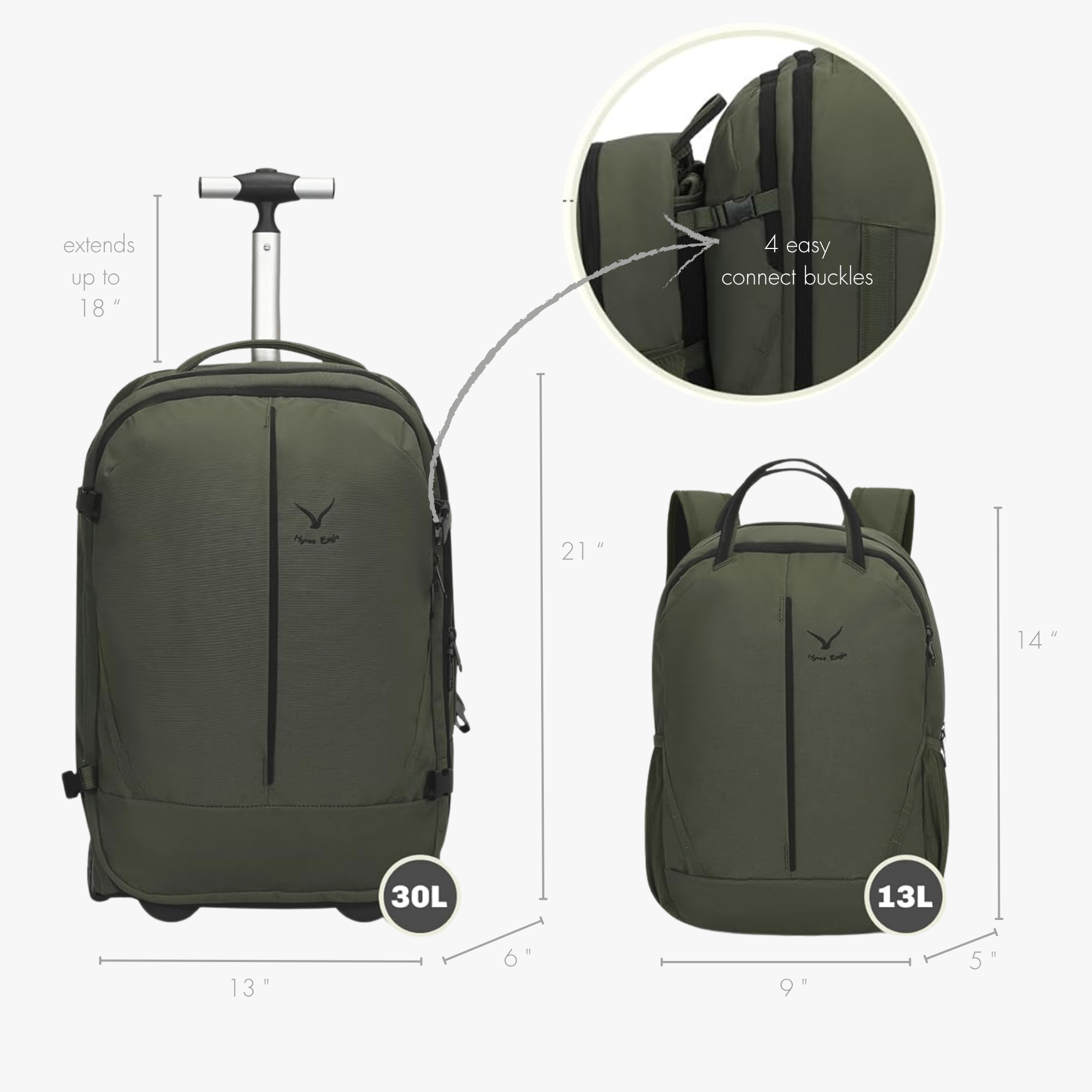 Hynes Eagle 2-in-1 Modular Rolling Backpack Set – Convertible Carry-On Luggage with Detachable Daypack, Water-Resistant, Flight Approved